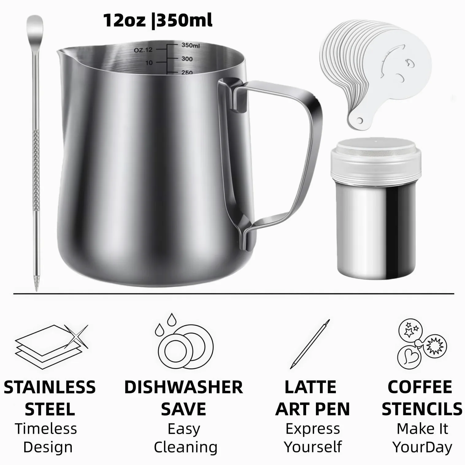 Dzbanek na mleko ze stali nierdzewnej, dzbanek do spieniania mleka, stal nierdzewna, 350 ml, z miarką i rysikiem do latte Art Pen + puszka do posypywania + 16 szablonów z motywami do cappuccino