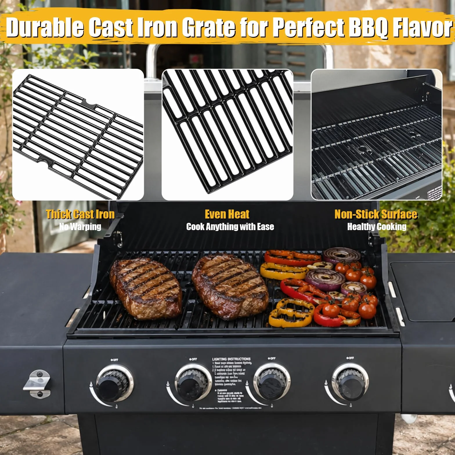 GFTIME 43 cm x 24 cm żeliwny ruszt do gotowania dla grilli Charbroil, 3 sztuki