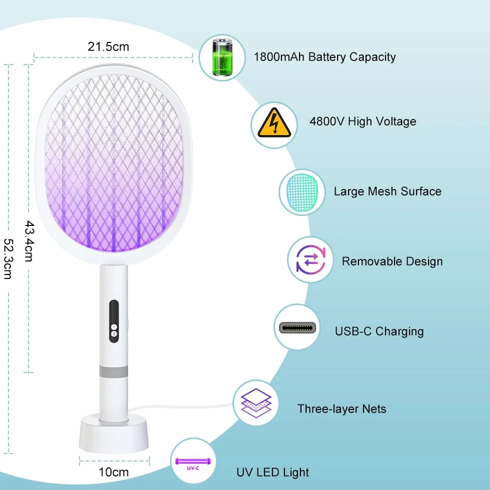 DANGZW Elektryczna łapka na muchy: 4800 V elektryczna łapka na muchy UV z podstawą ładującą – 1800 mAh USB C ładowana elektryczna łapka na muchy – przenośna, elektryczna łapka na komary do wewnątrz i