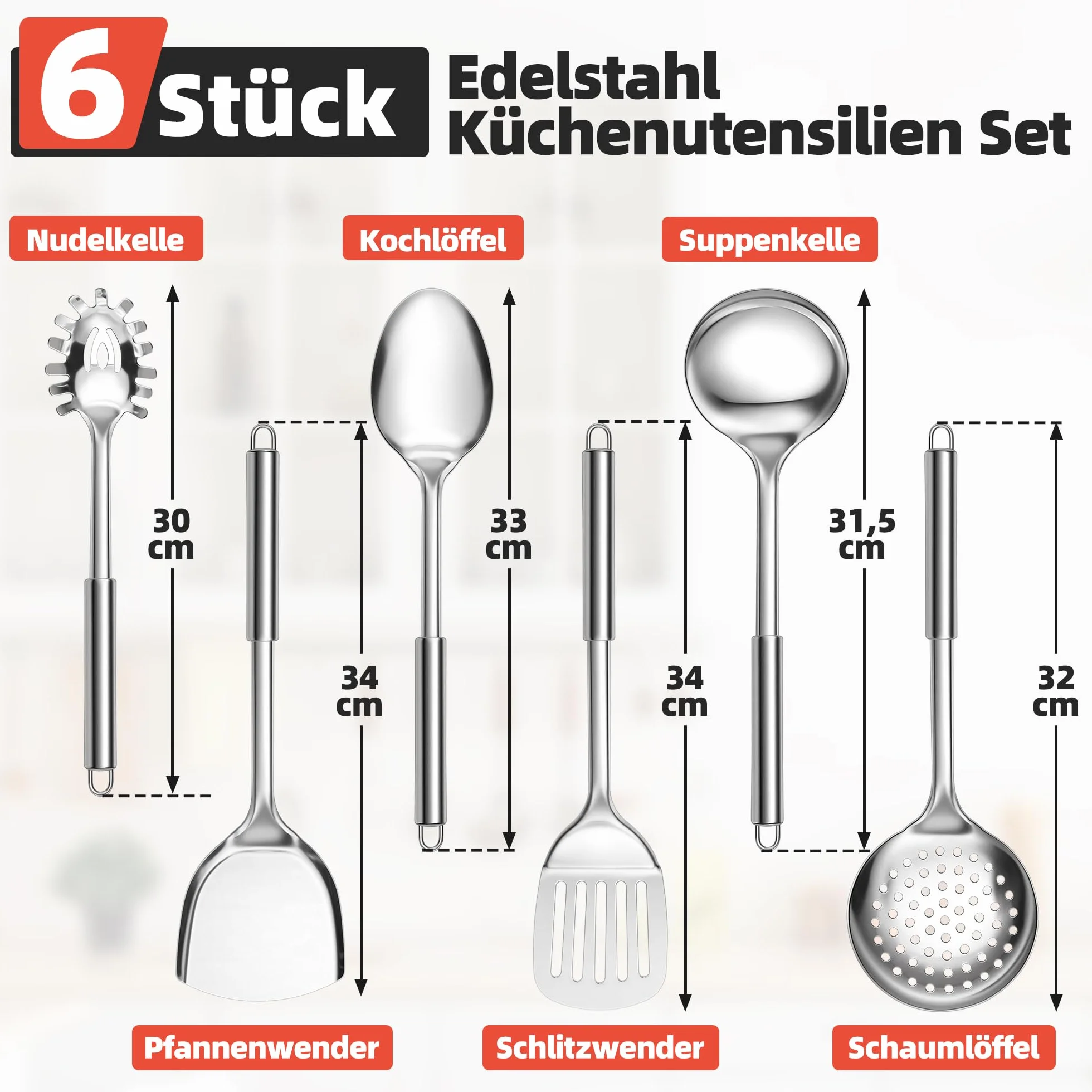 Joyfair Zestaw przyborów kuchennych, 6 sztuk ze stali nierdzewnej, zestaw pomocy kuchennych, żaroodporne przybory kuchenne z łopatką do patelni, łopatką szczelinową, łyżką piankową, chochlą do zupy