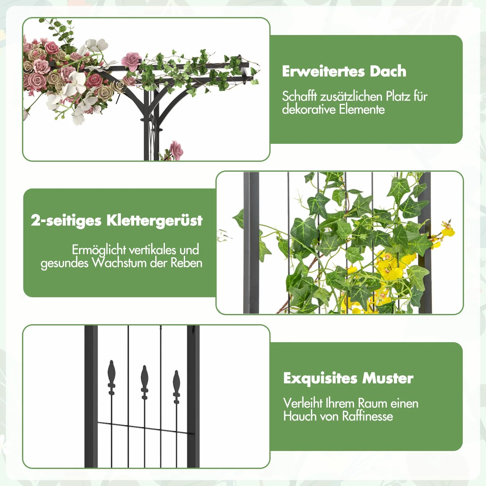 GOPLUS Łuk do róż z metalu, 200 x 52 x 206 cm, łuk ogrodowy z kratkami i rozszerzonym dachem, pergola, pomoc dla roślin pnących, łuk weselny do ogrodu, na wesele i imprezę