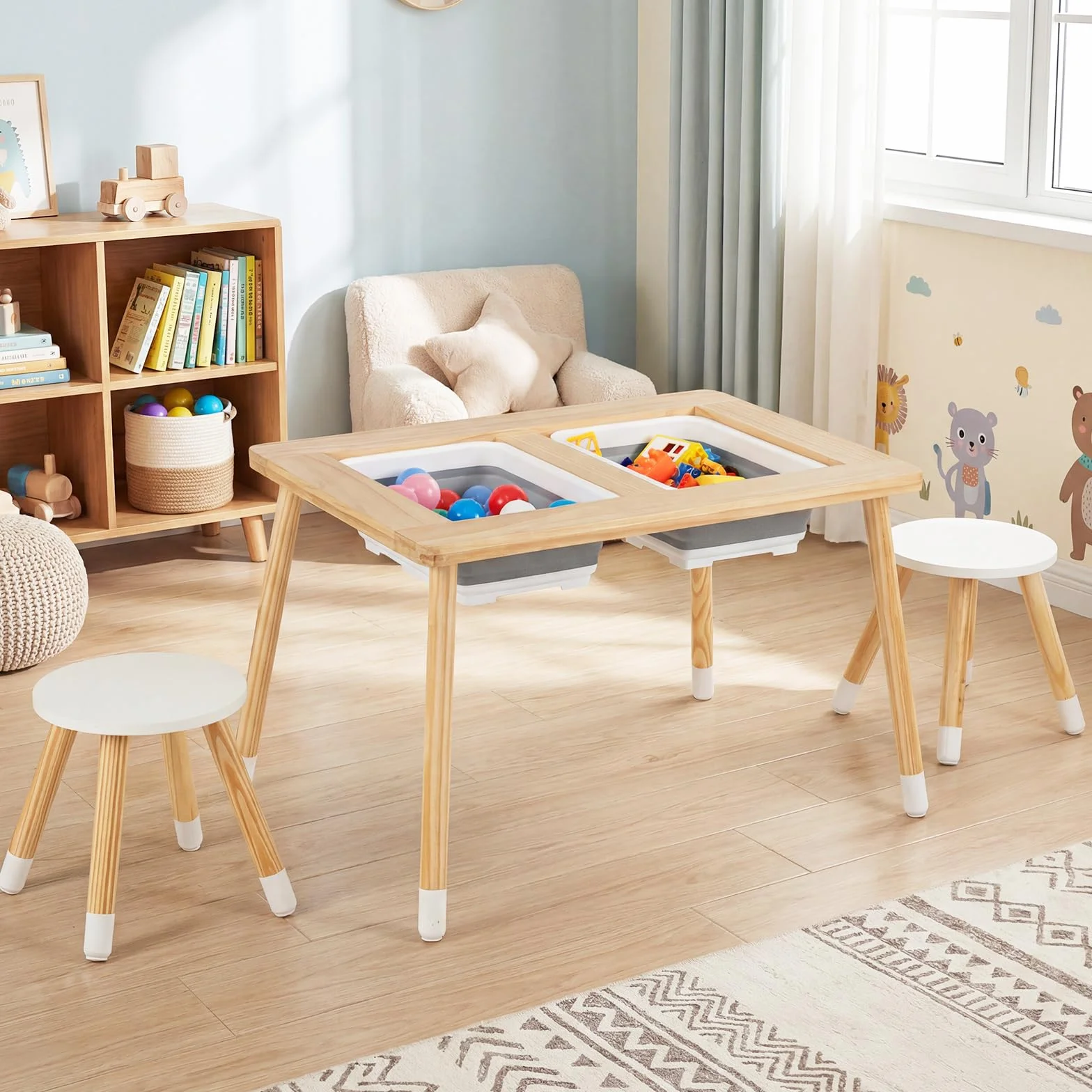 COSTWAY Stół do zabawy dla dzieci 6 w 1, stół sensoryczny z dwustronnym blatem i 2 składanymi pojemnikami, stół dziecięcy Montessori z 2 krzesłami, stół do wody i piasku dla dzieci od 3 lat (okrągły)