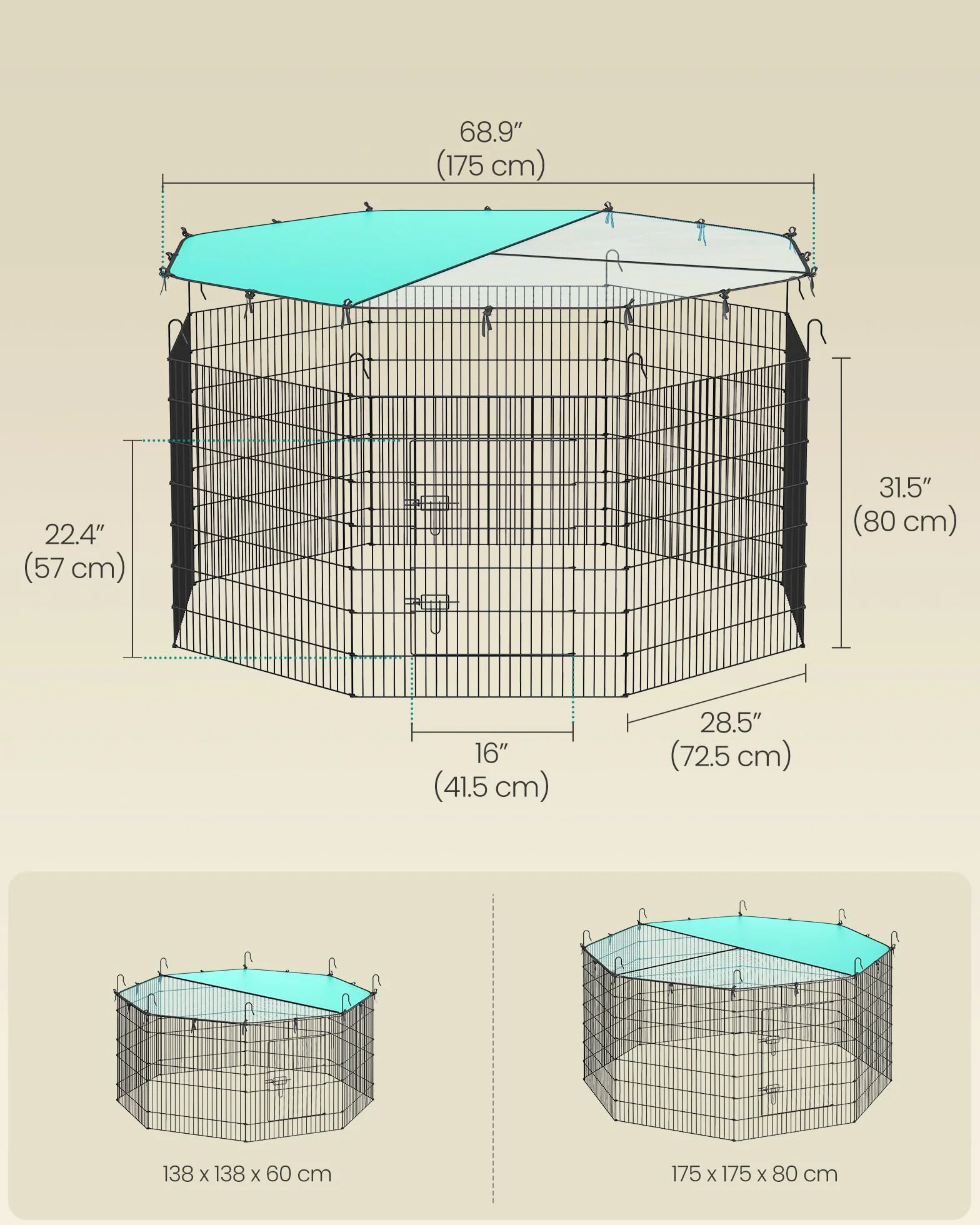 SONGMICS Obudowa dla małych zwierząt 8 paneli 175x175x80 cm czarna