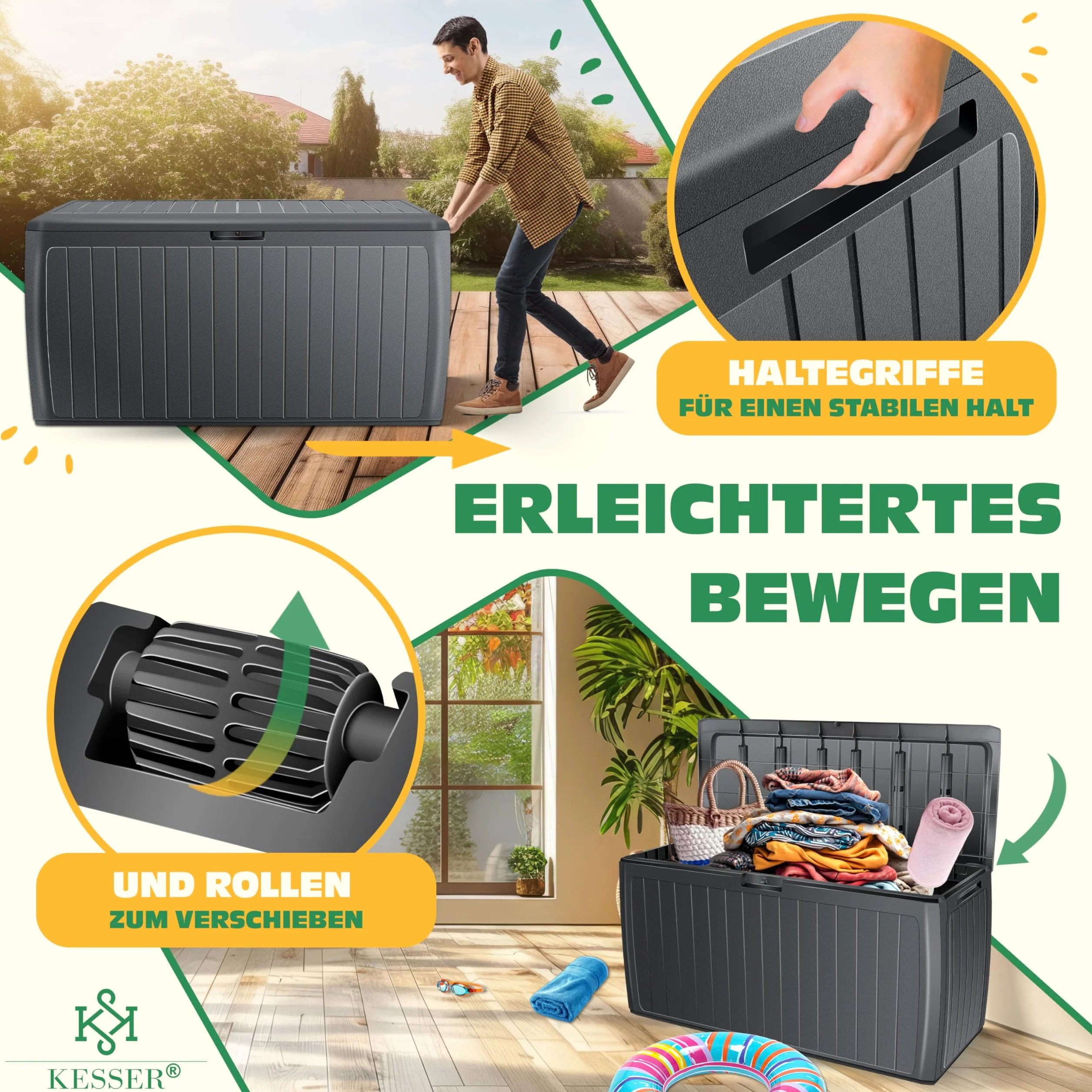 KESSER® Skrzynka na poduszki 290 l, z rolkami i uchwytami, obciążenie 100 kg, system Smart Click, skrzynia ogrodowa, kolor antracytowy
