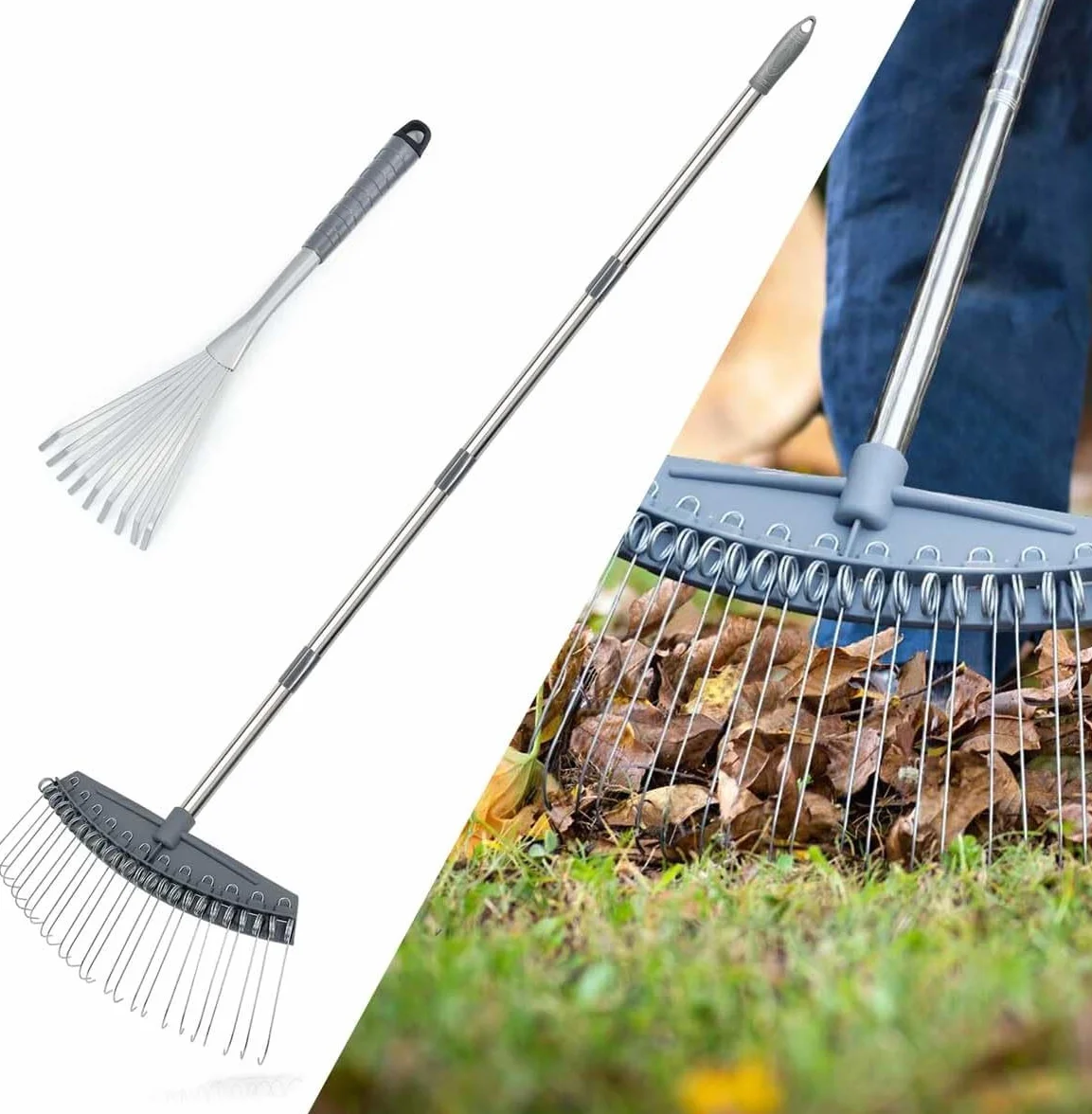Grabie Ogrodowe Regulowane 63-160 cm i Ręczne 43 cm - Do Liści, Trawy, Siana, Żwiru - Odpowiednie Do Ogrodu