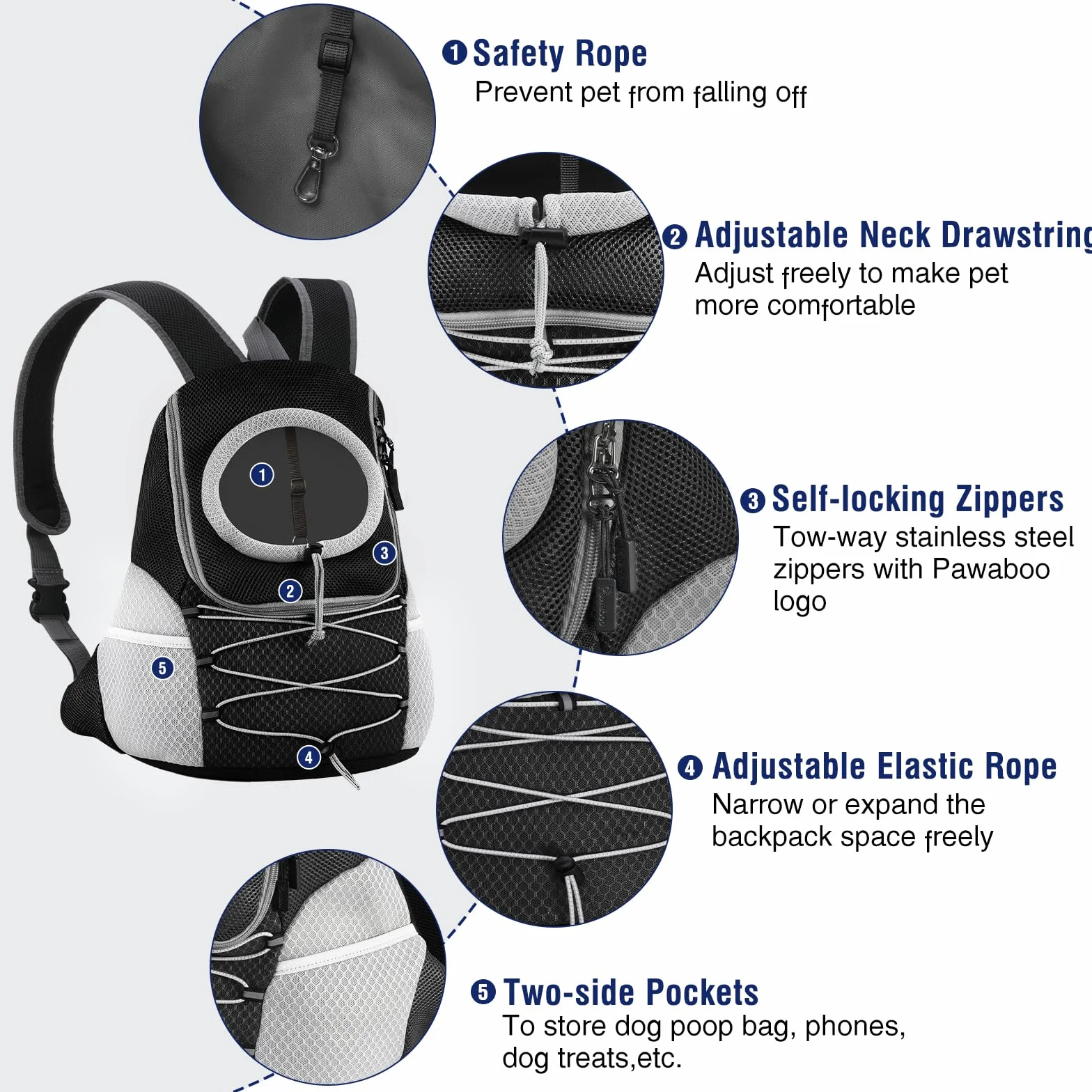 Pawaboo Pet Dog Carrier Backpack dla małych i średnich psów kotów, regulowany oddychający plecak podróżny z pasami bezpieczeństwa, czarny M