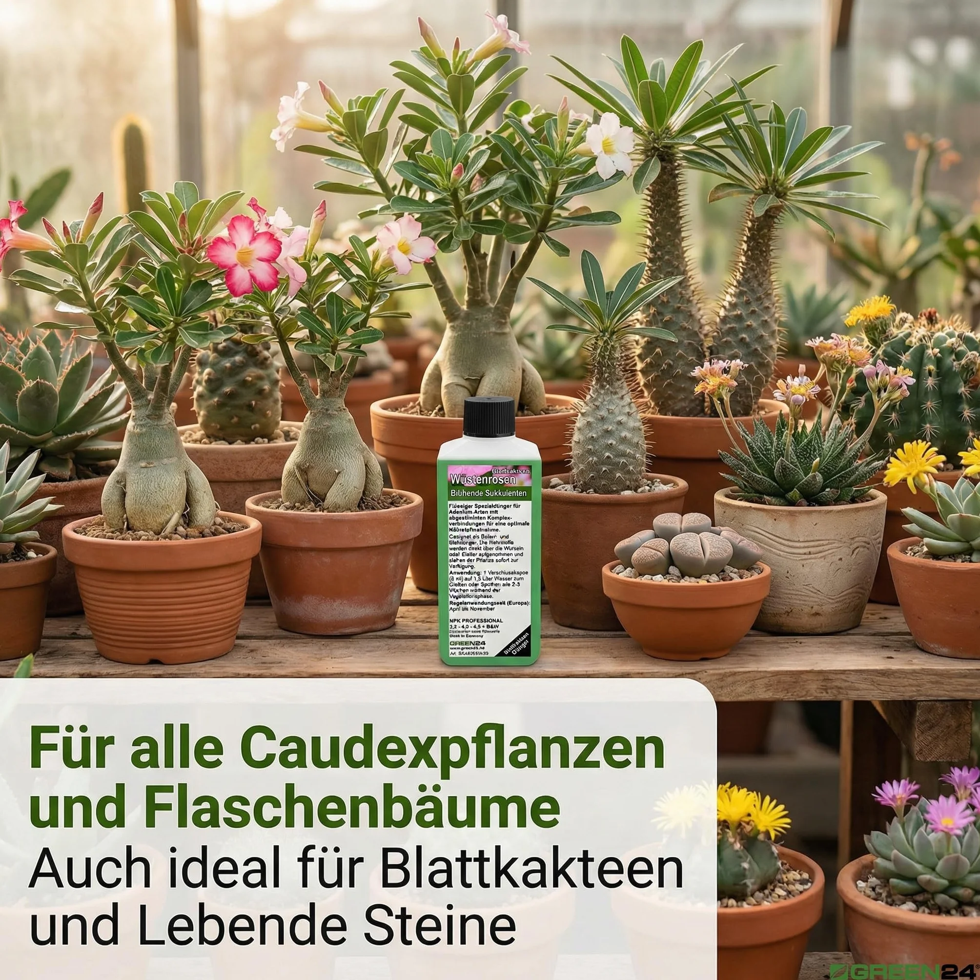 GREEN24 Nawóz do róż pustynnych 250 ml, specjalny nawóz do Adenium obesum, wspomaga gęsty kaudex, bogaty blask kwiatów i zwarty wzrost, idealny do wszystkich drzew butelkowych i roślin kaudexowych
