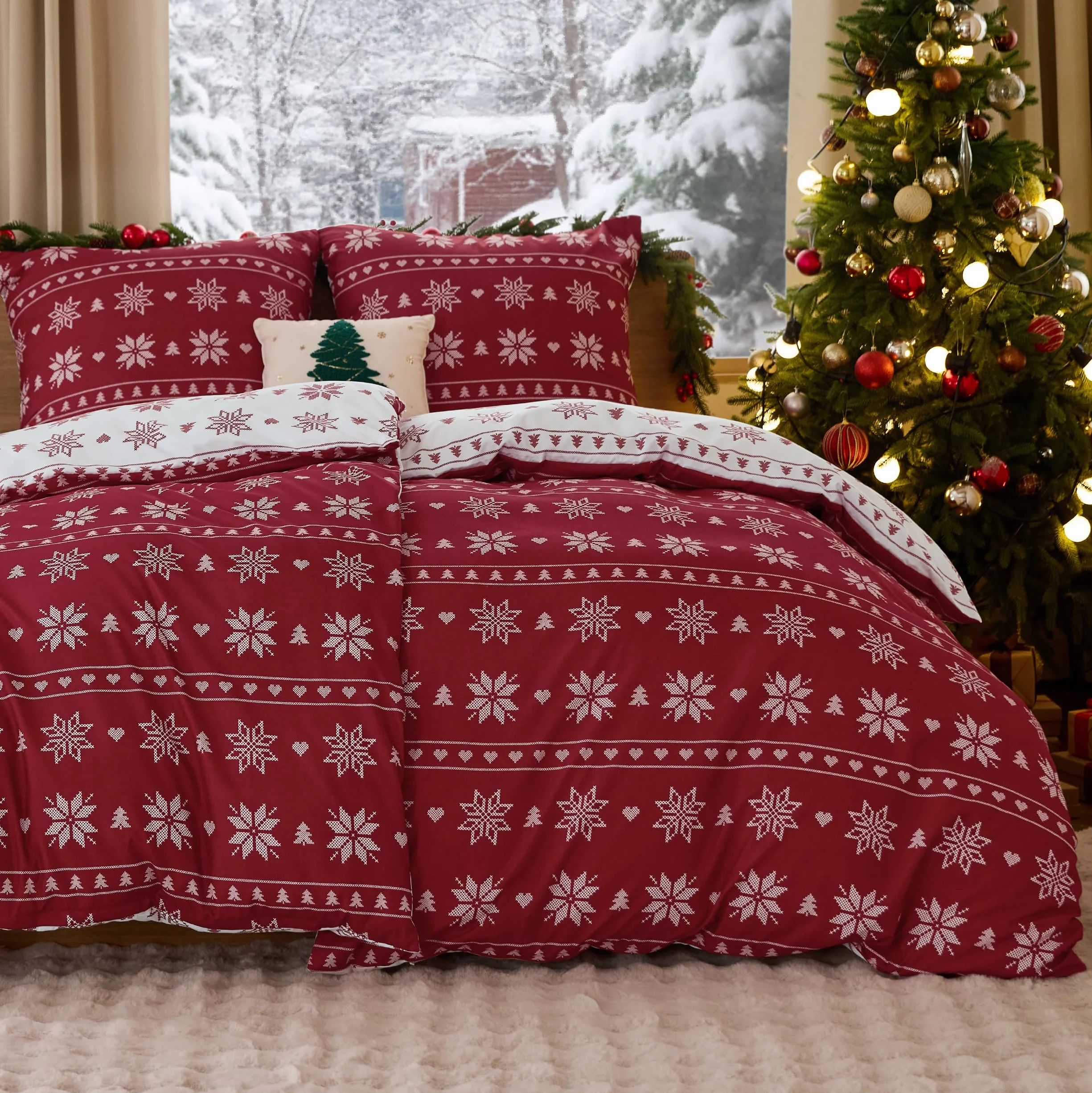 BEDSURE Pościel 135 x 200 cm, 4-częściowy zestaw pościeli bożonarodzeniowej, płatek śniegu, poszewka na kołdrę 135 x 200 cm, zestaw 2 szt., z 2 poszewkami na poduszkę 80 x 80 cm, świąteczna pościel