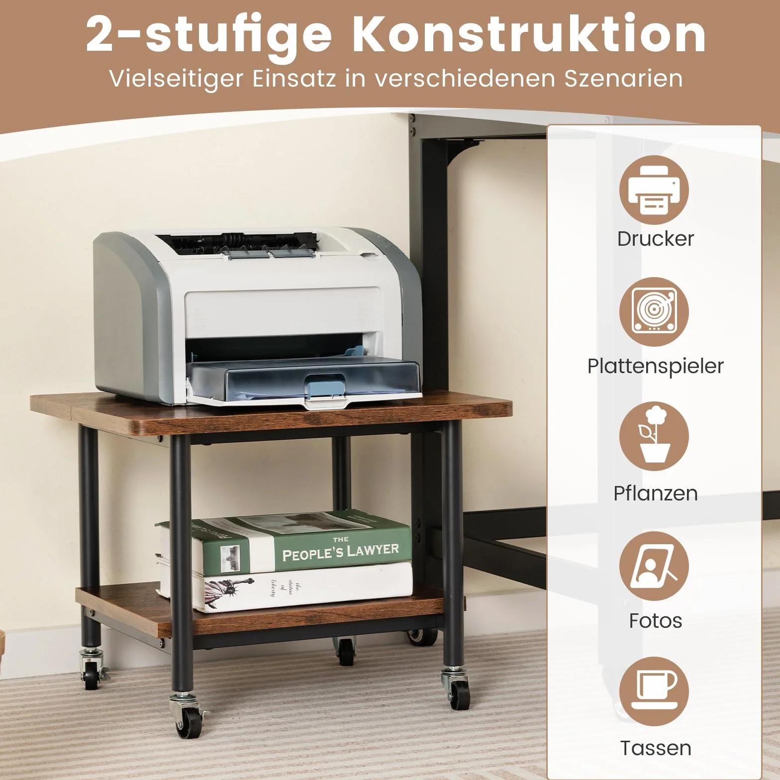 COSTWAY Stojak na drukarkę, wózek biurowy, półka na drukarkę, 2 poziomy (brązowy)