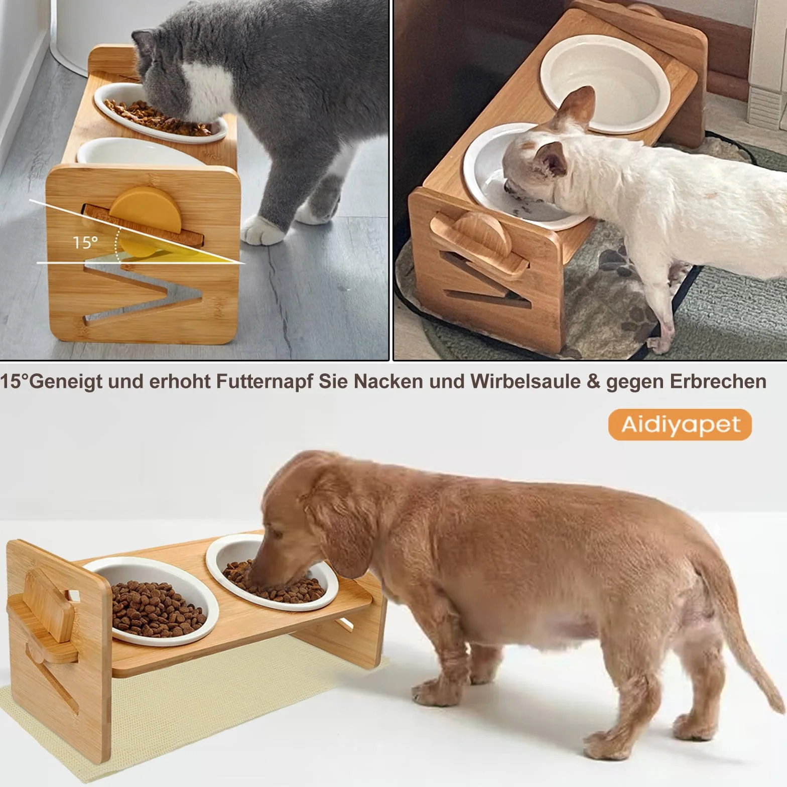 Podwójna ceramiczna miska dla kota i psa z drewnianym stojakiem regulowana podwyższona