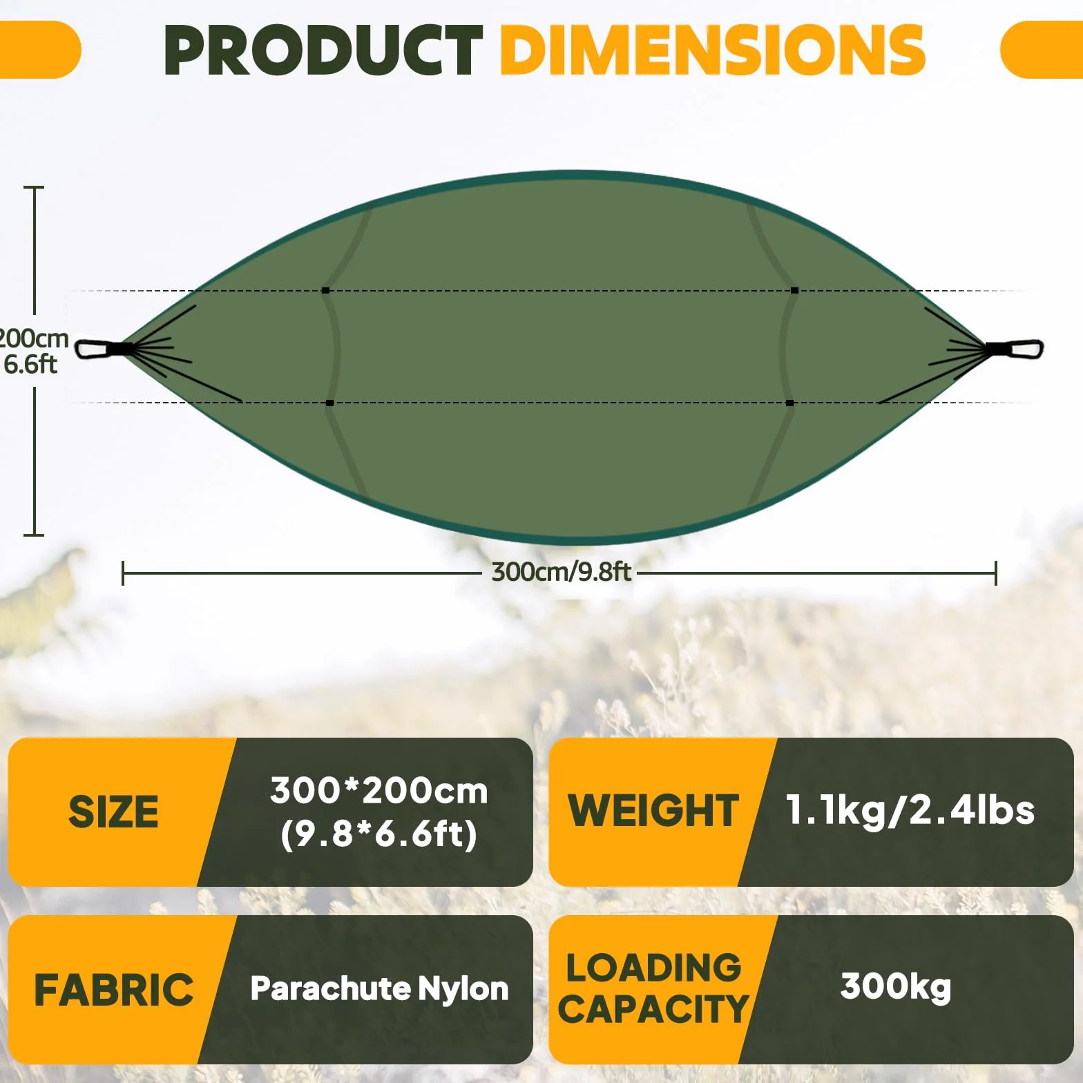 NATUREFUN Hamak kempingowy z moskitierą, nośność 300 kg, 300 x 200 cm, oddychający, szybkoschnący, nylonowy, nylon spadochronowy, 2 karabińczyki premium, 4 pasy w zestawie, na zewnątrz, do wewnątrz