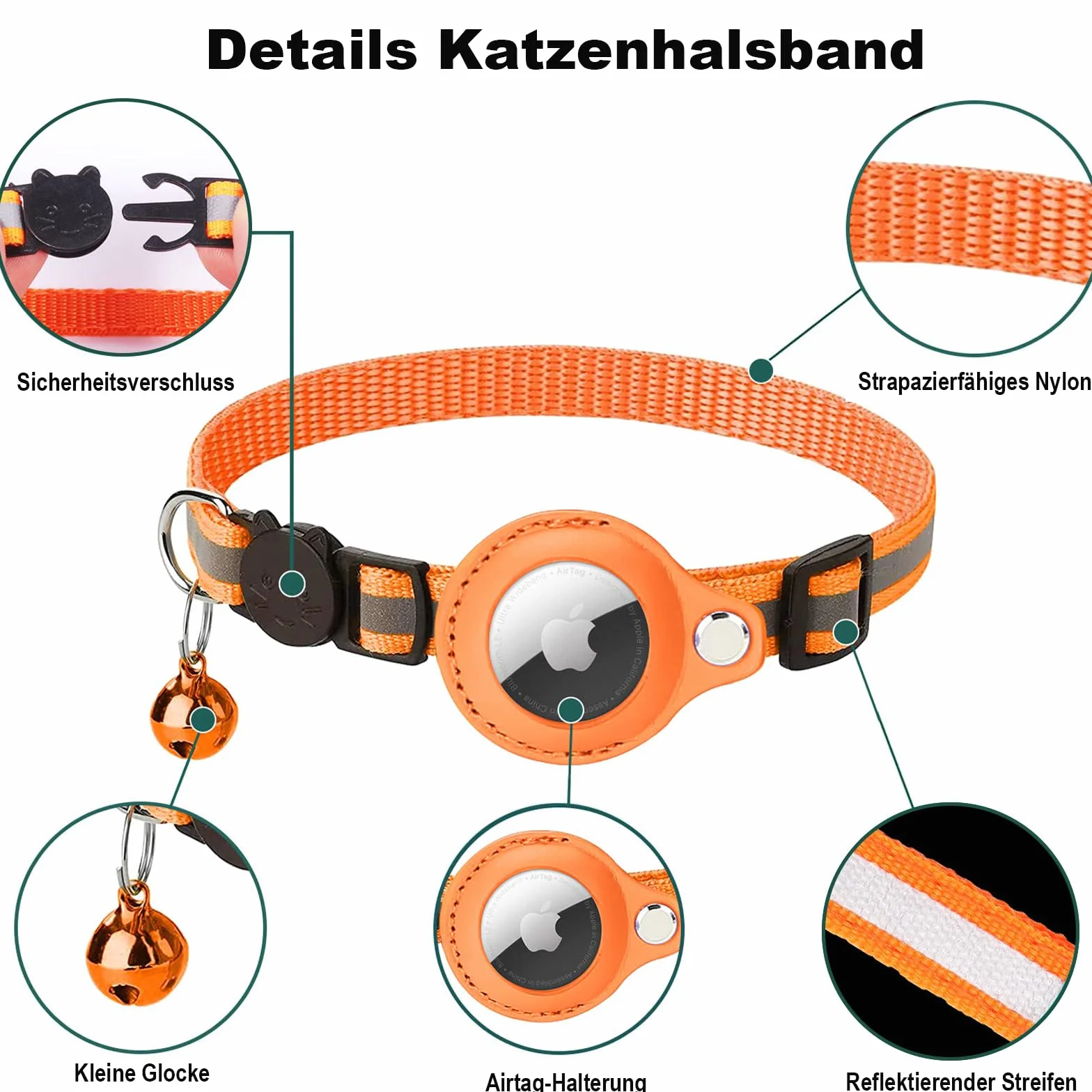 Obroża dla kota z uchwytem Airtag, nylonowa odblaskowa, regulowana 22-34 cm, pomarańczowa