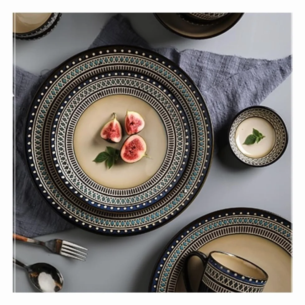Ceramiczne talerze obiadowe w stylu vintage - talerze do steków w stylu zachodnim, 20 cm zastawa stołowa do jadalni