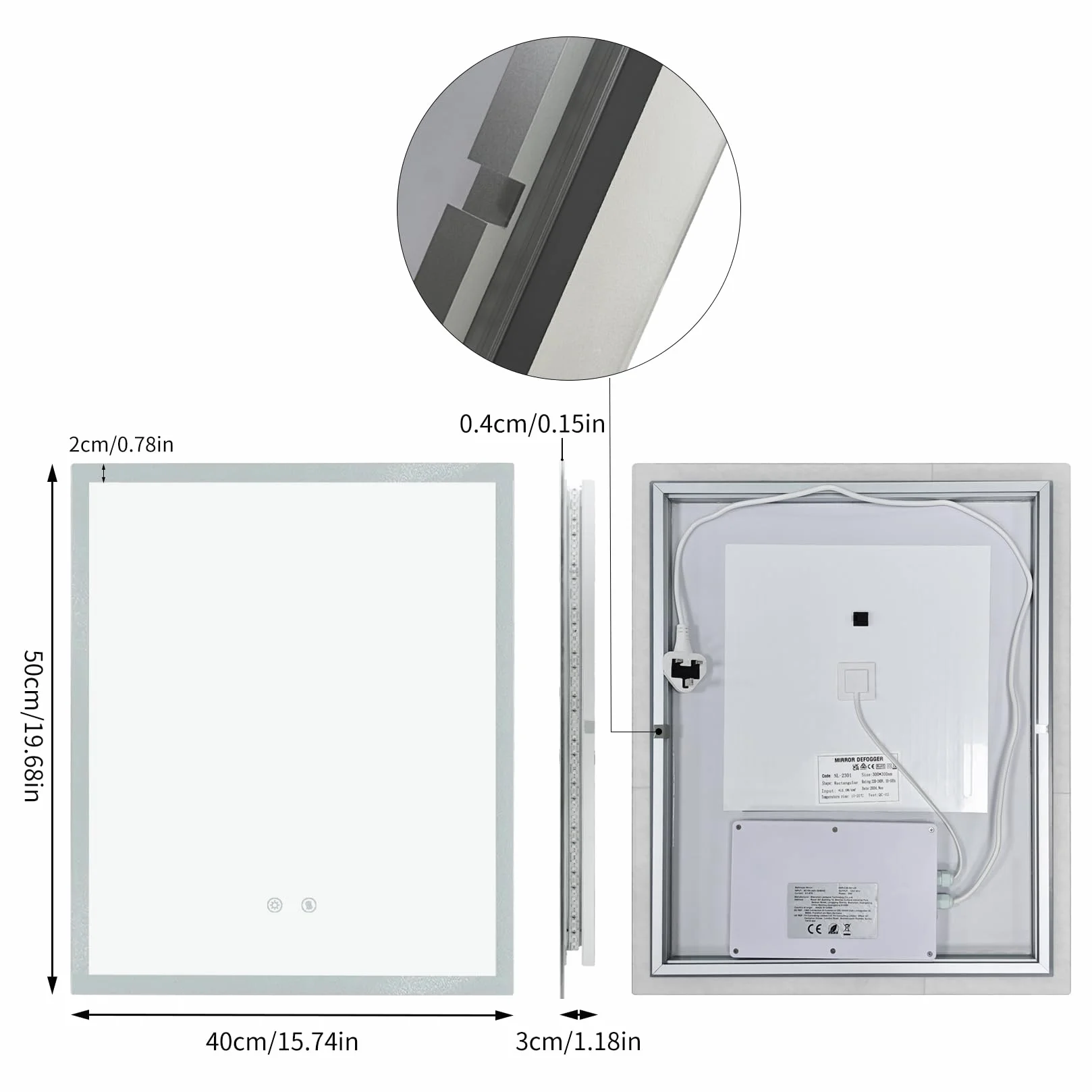 LUVODI Lustro łazienkowe 40 x 50 cm Lustro ścienne LED z oświetleniem Lustro Przeciwmgielne Lustra Toaleta 2 Dotykowe
