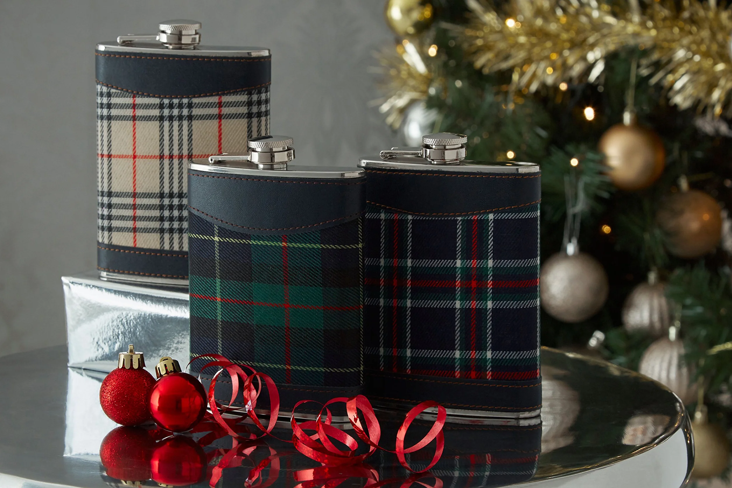 Piersiówka do domu wewnątrz i na zewnątrz, 226 g, stal nierdzewna/zielony tartan