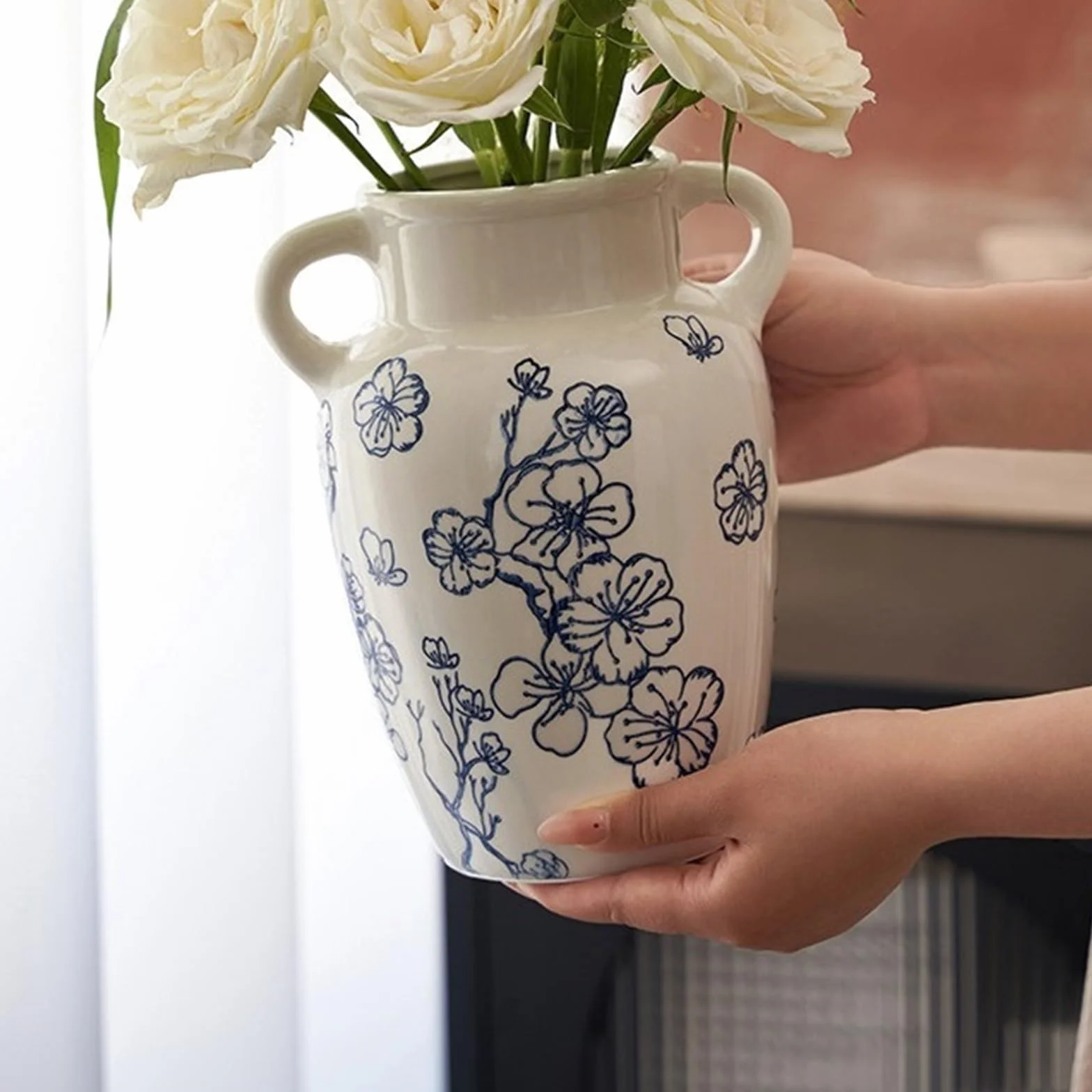 Wazon z kwiatami Retro niebieski zarys kwiatu śliwki wazony ceramiczne krótki szeroki wazon akcentujący do szafki w salonie