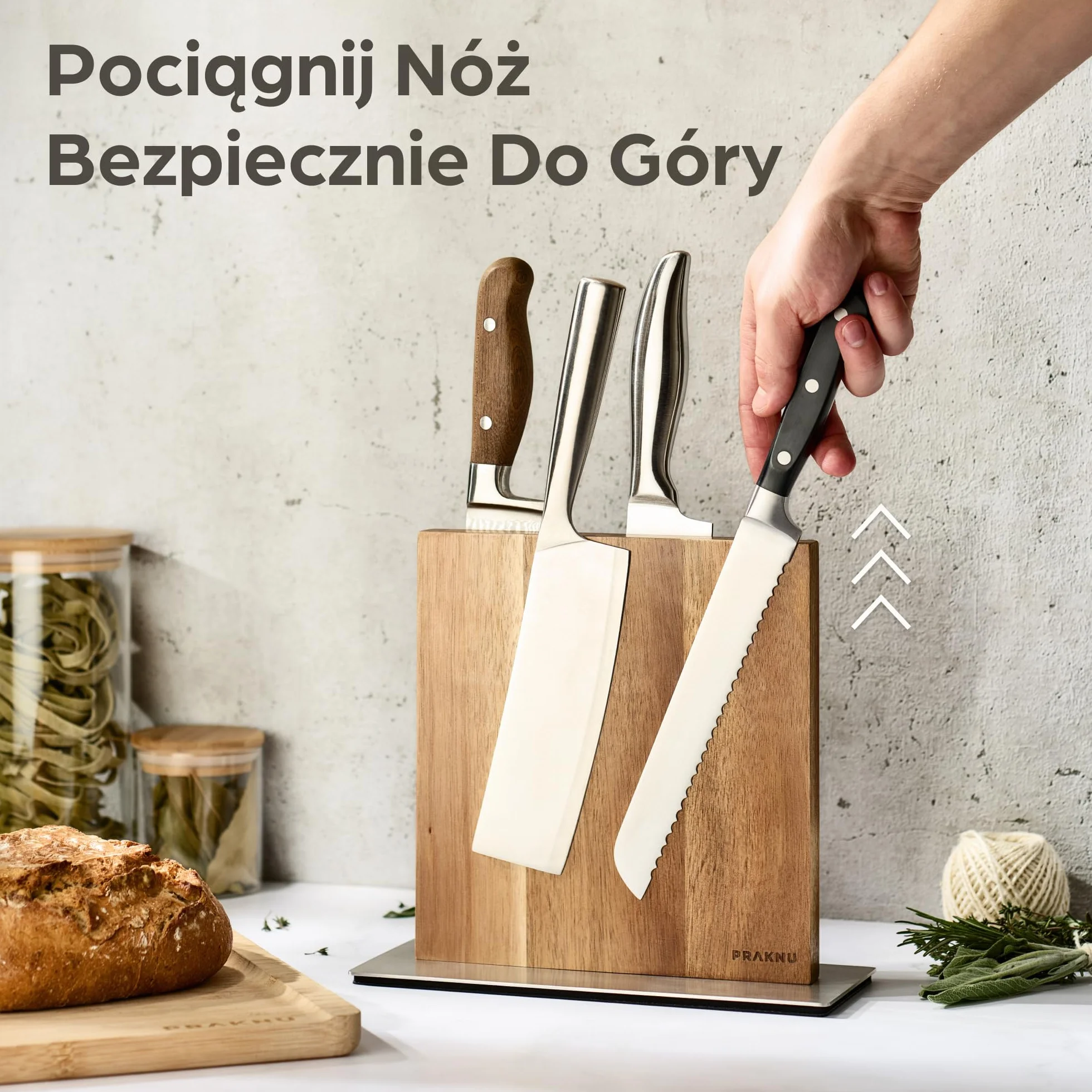 Uchwyt na Noże bez Noża – Dwustronny Silny Magnes – Magnetyczny Blok z Drewna Akacjowego FSC® – Antypoślizgowy i nie zajmuje dużo miejsca