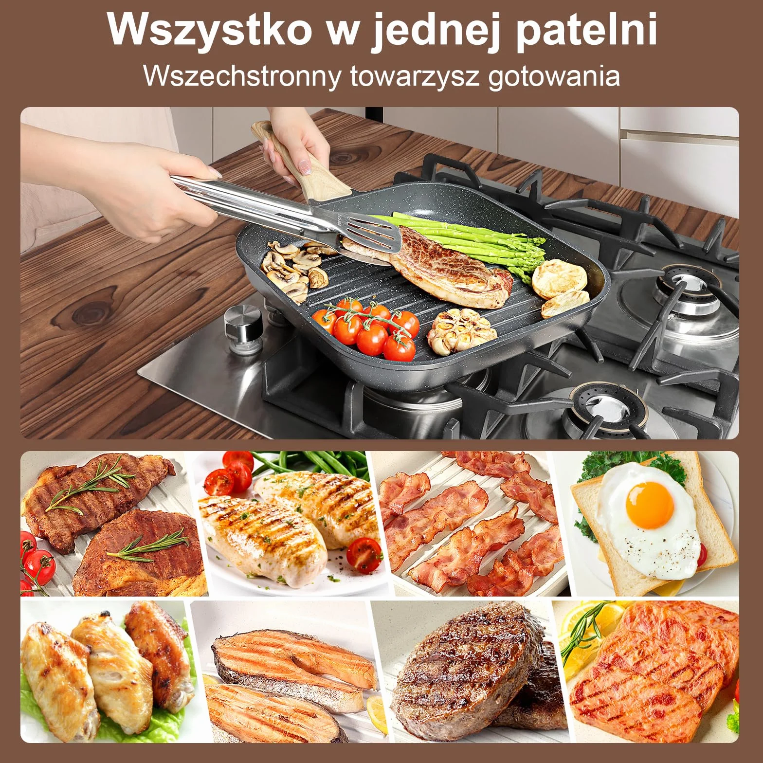 GiPP Patelnia grillowa 28 x 28 cm, patelnia do steków, patelnia grillowa indukcyjna odlew aluminiowy z powłoką zapobiegającą przywieraniu granitu, 100% bez PFOA, nadaje się do wszystkich rodzajów