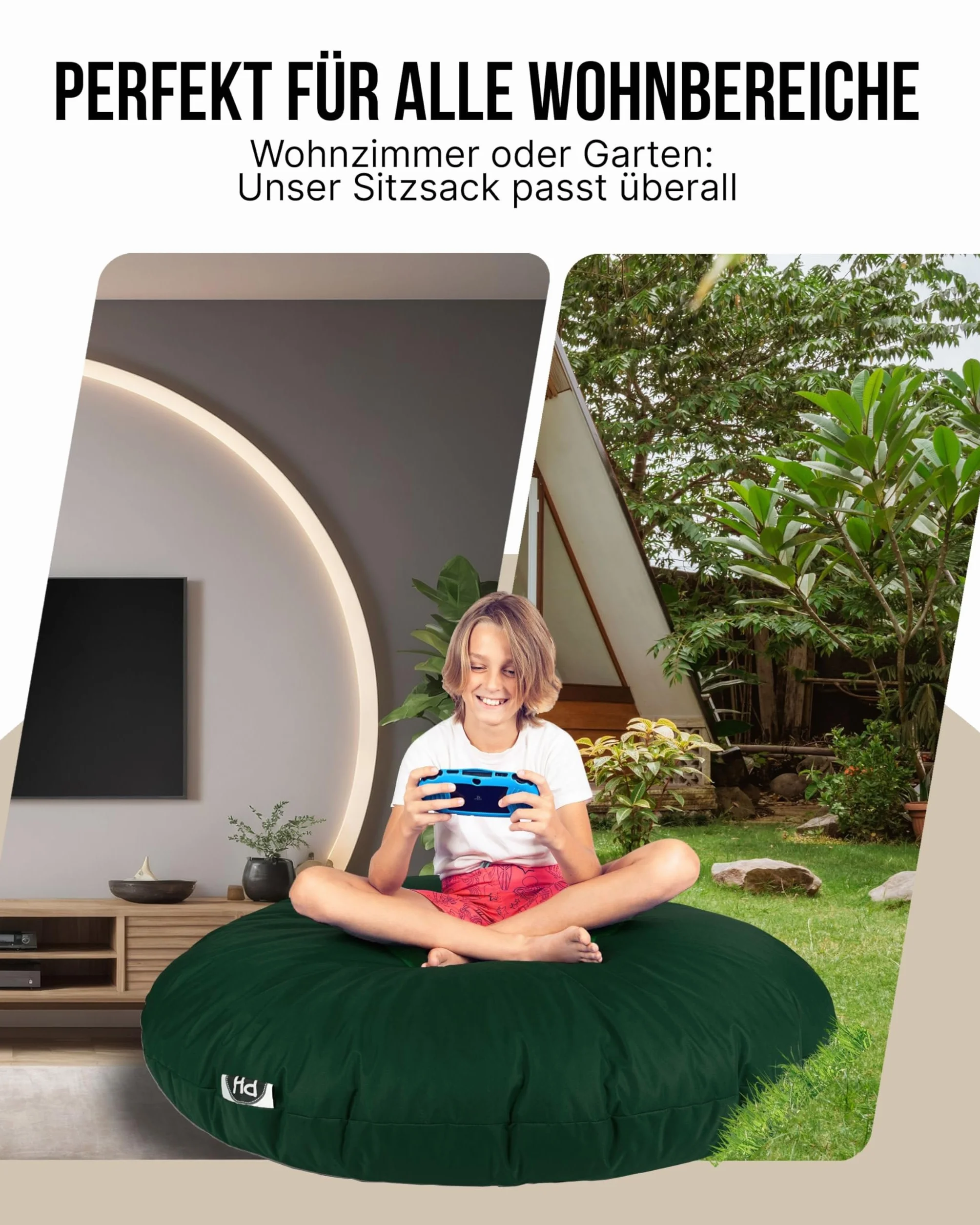 Patchhome Bean Bag worek/poduszka do siedzenia 2 w 1, średnica 100 cm, kolor ciemnozielony optymalnie napełniona