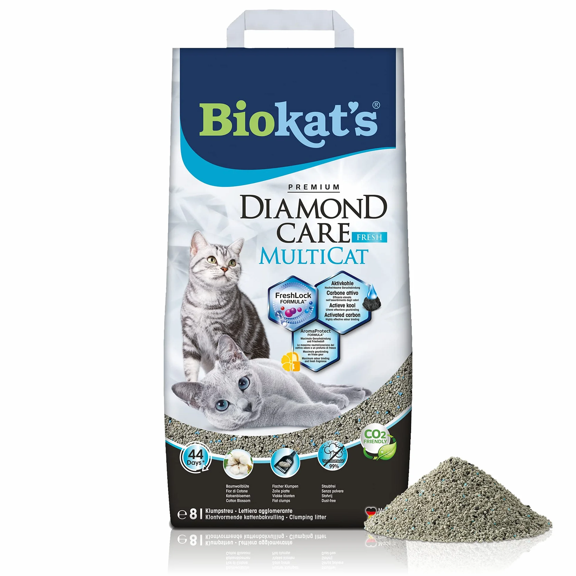 Biokatʼs Diamond Care MultiCat Fresh żwirek zapachowy - Drobnoziarnisty żwirek z węglem aktywnym do domów z kilkoma kotami - 1 worek (1 × 8 l)