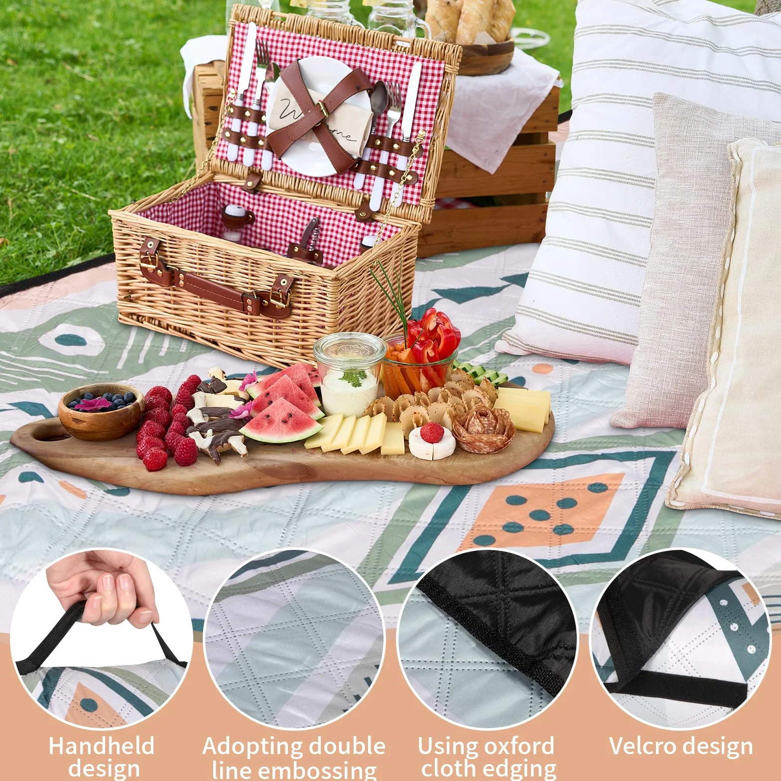 Mata Piknikowa Styl Boho, 200 × 200 cm Piaskowy Koc Plażowy, Przenośny Koc Plażowy, Koc na Zewnątrz, Odpowiedni do na Zewnątrz, Grill, Piknik, Plaża, Park, Koc na Kemping Podróżny
