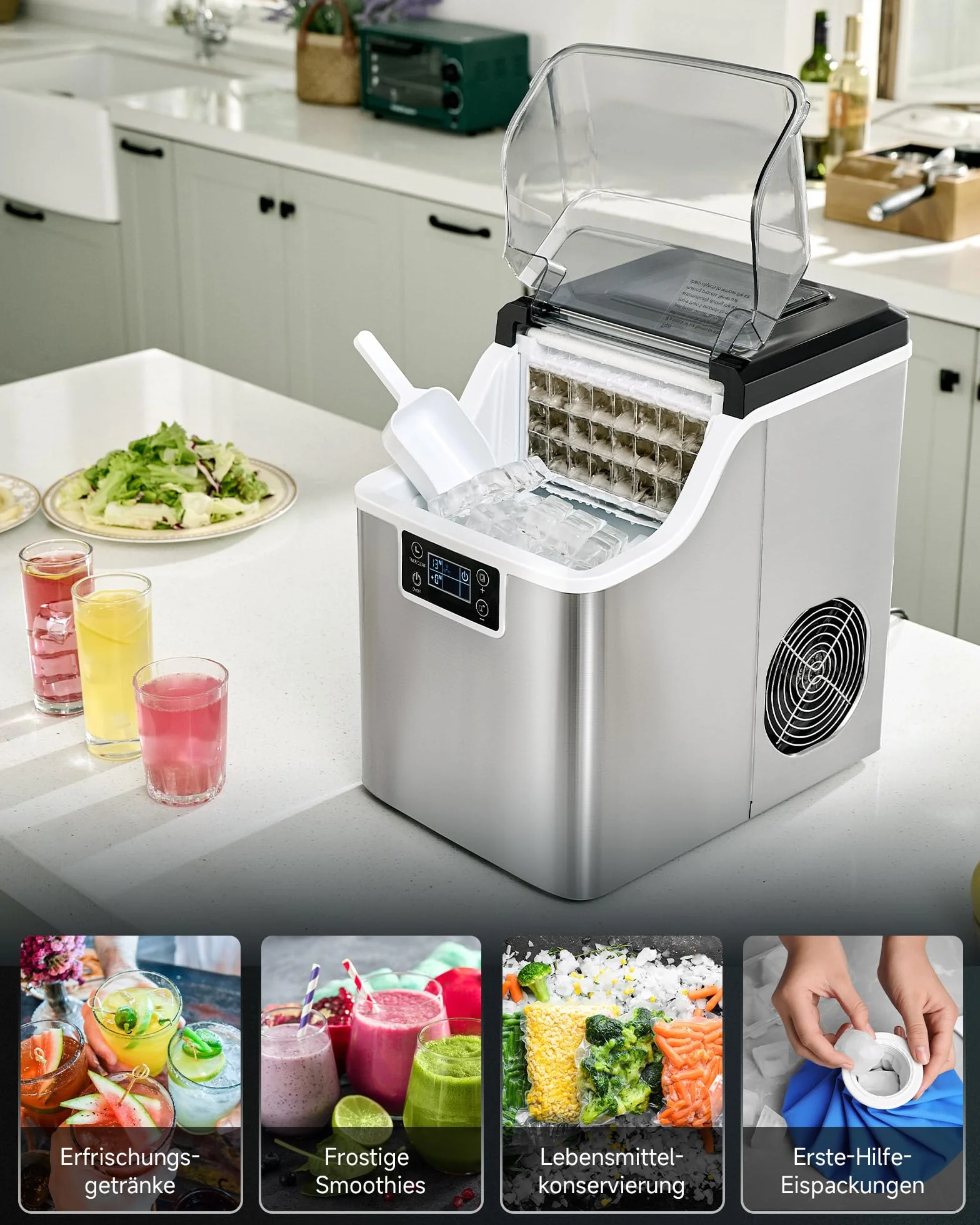 Wilprep mała maszyna do robienia kostek lodu z funkcją samoczyszczenia, 22 kg/24h, kostkarka do lodu ze stali nierdzewnej z ekranem LCD, do biura, restauracji, baru, kawiarni (22 kg wydajność dziennie