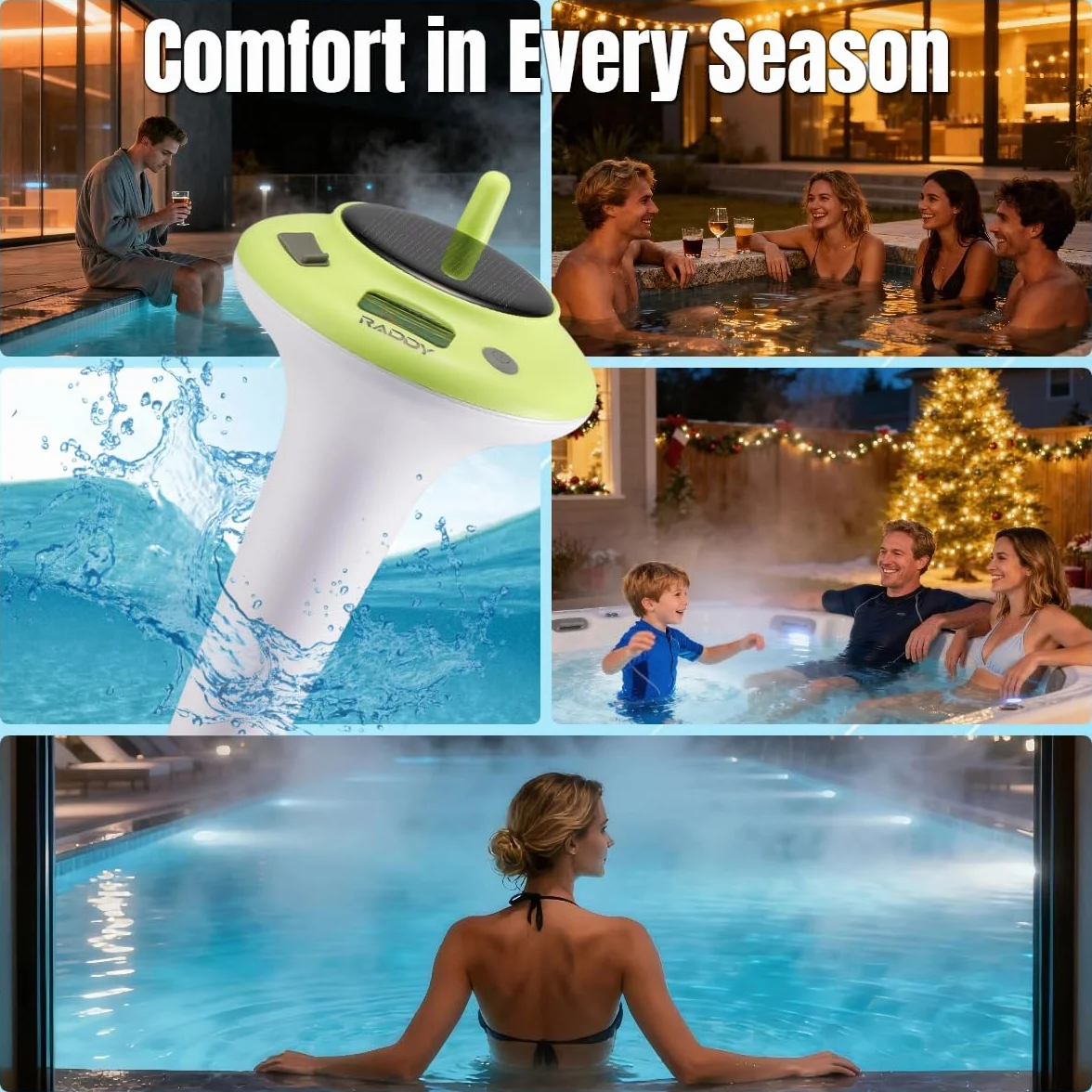 Raddy PT-5 Solar Pool Thermometer Pływający, Termometr o wysokiej dokładności, Łatwy do odczytania, IPX8, Zasilany energią słoneczną i baterią do basenów, jacuzzi, stawów, kąpieli lodowych