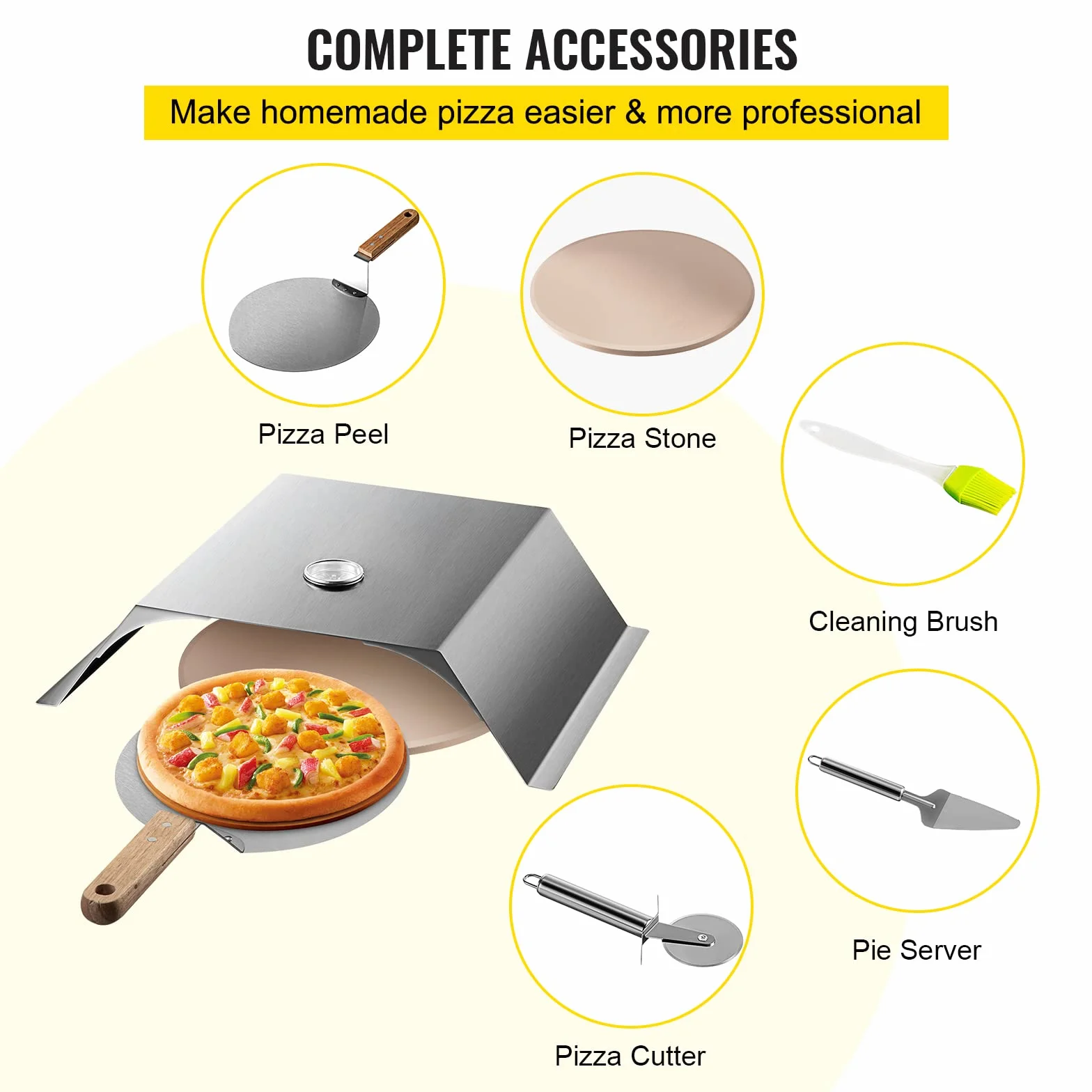 VEVOR Zestaw pieca do pizzy, grill ze stali nierdzewnej, zestaw do robienia pizzy do większości grillów węglowych 56 cm, zestaw pieca do pizzy zawierający komorę do pizzy, okrągły kamień do pizzy 33