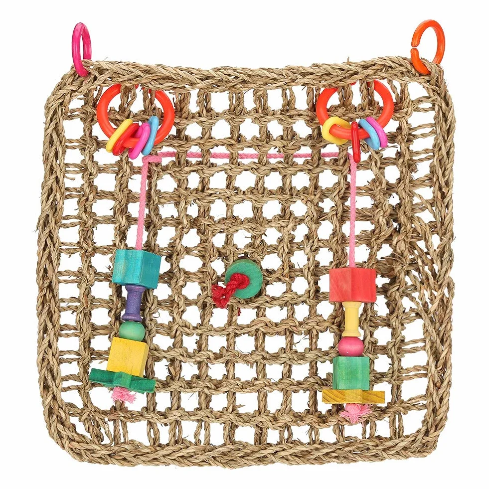 Seagrass Parrot Chew Toy | Hanging Net Mat for Bird Exercise & Entertainment | Secure Bird ToyCage Accessory | 12.6x12.6 Inches with 2 Hooks