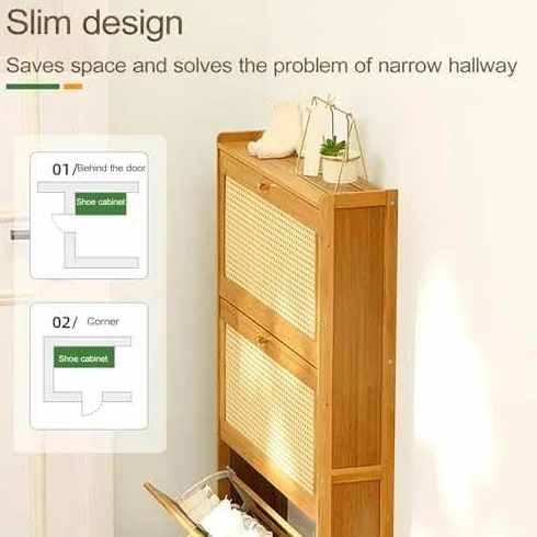 Smukła szafka na buty z rattanu z uchylnym pojemnikiem, organizer do przedpokoju i salonu z 3 szufladami, oddychający design z bambusa, 50 x 17 x 120 cm