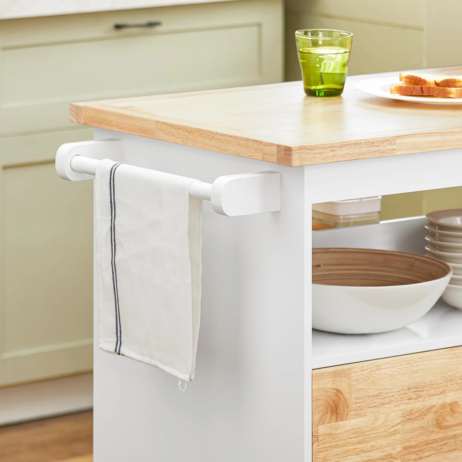 SoBuy FKW107-II-WN Wyspa kuchenna Szafka kuchenna na kółkach Z z 2 szufladami 110 x 91x 55 cm