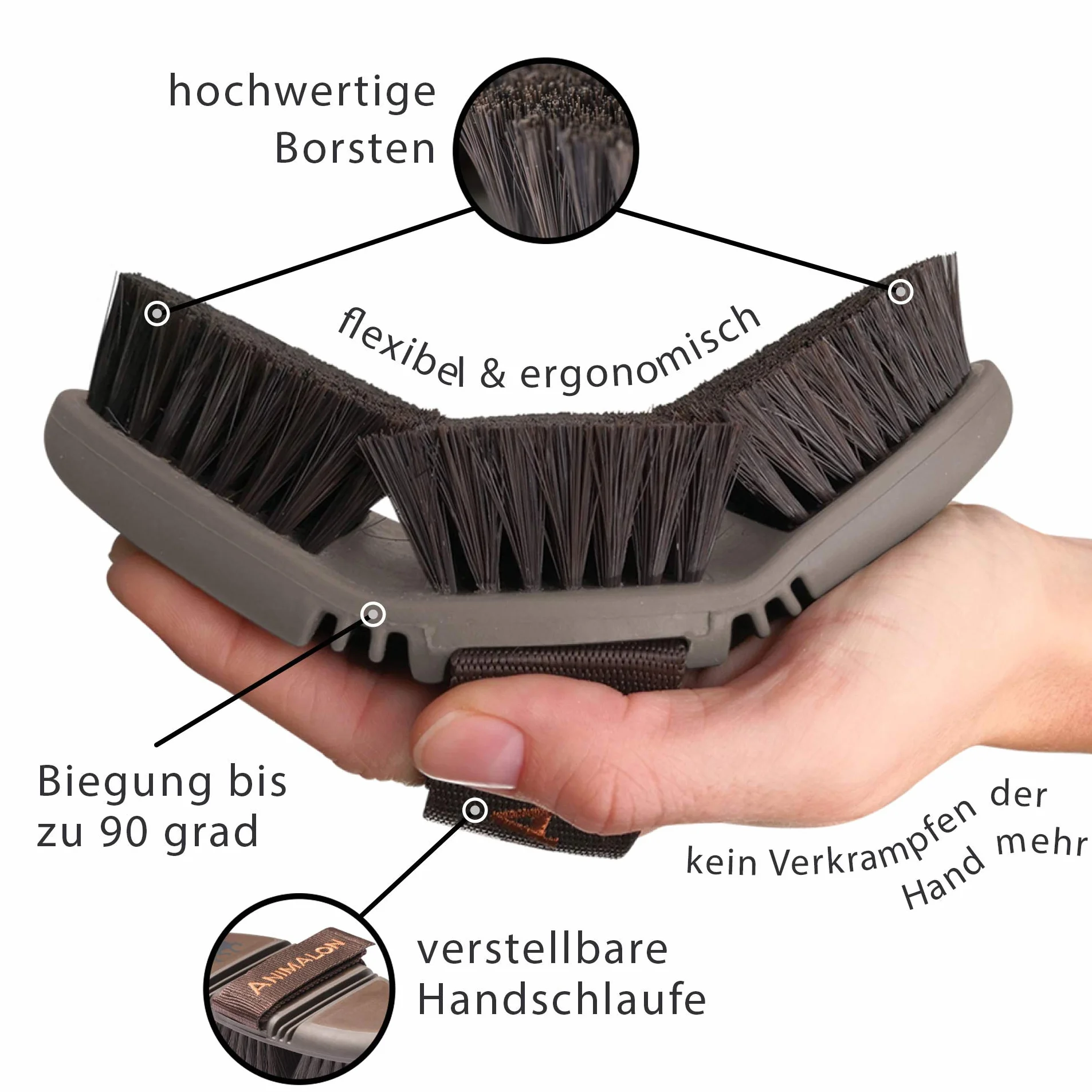 Animalon CareFlex szczotka pielęgnacyjna, elastyczna i ergonomiczna szczotka dla koni z zapięciem na rzep, do każdego boksu pielęgnacyjnego, akcesoria dla koni