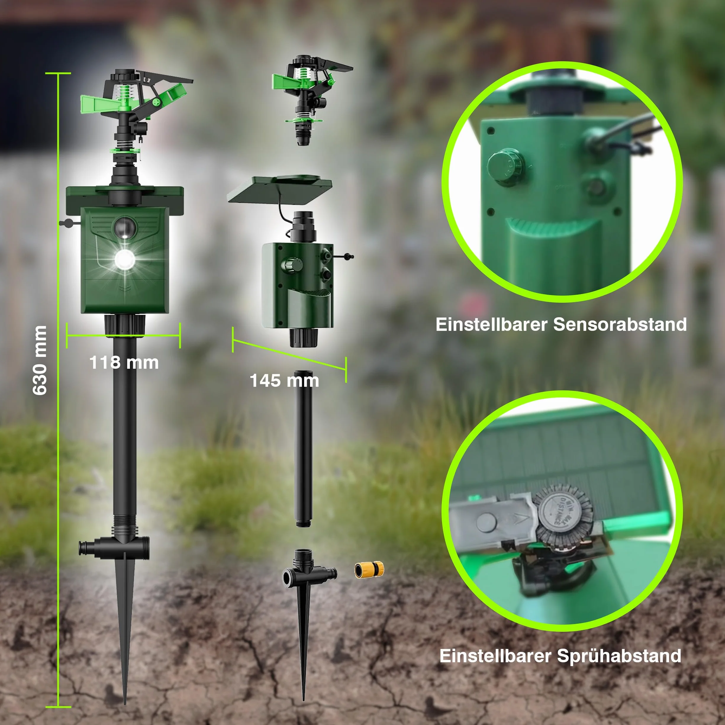 ISOTRONIC Strumień wody plus światło odstraszacz zwierząt | zasilany energią słoneczną odstraszacz psów i kotów | odstraszacz ptaków i czapli do ogrodu | czujnik ruchu I regulowany zasięg I ochrona