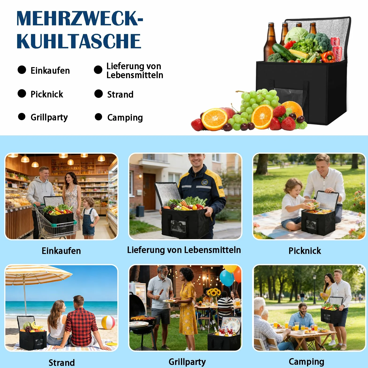 2 sztuki duża składana torba chłodząca 50 l + 30 l, stojąca torba termiczna, wielokrotnego użytku torba piknikowa, torby na zakupy, torba do zamrażania na kemping, grill, do pracy, dostawa