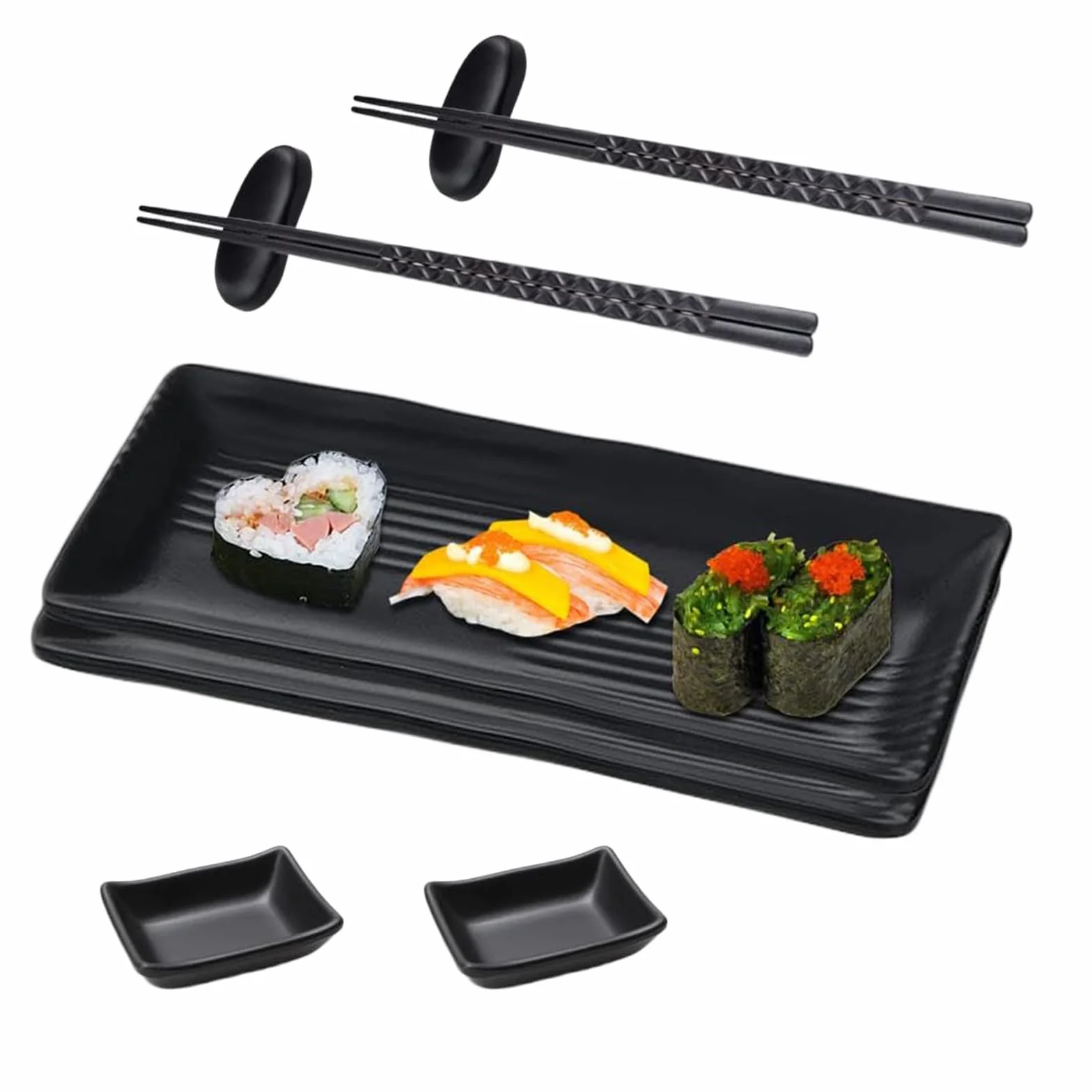 8-częściowy talerz do sushi łupek z miseczkami do dipów, 21 × 10 cm naczynia do sushi talerze łupkowe z pałeczkami, ławeczki do dipów talerze łupkowe dla 2 osób, SSCJTZ-001