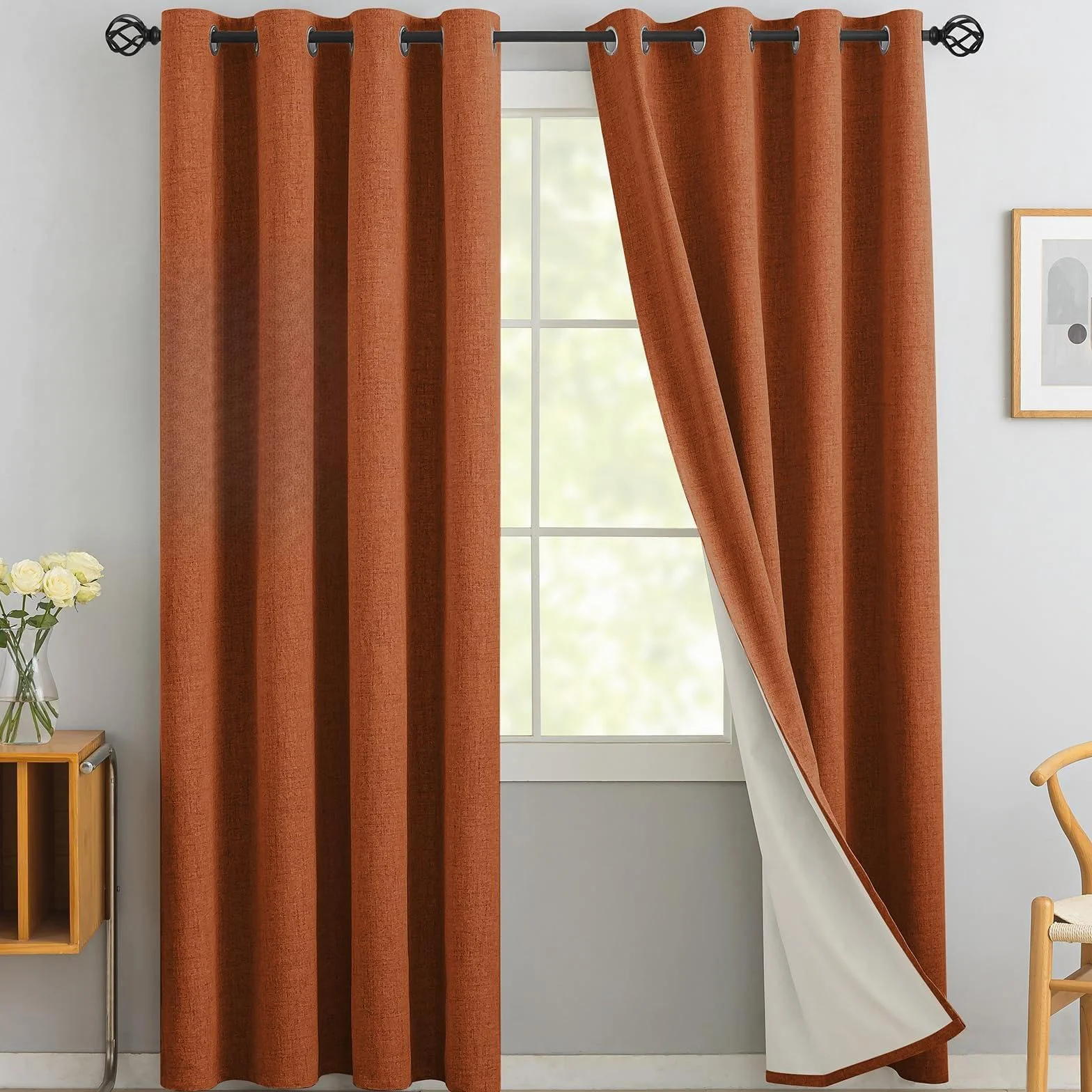 Yakamok Burnt Orange lniane zasłony 100% zaciemniające, 244 cm długości, zasłony zaciemniające do salonu, termiczne przelotki do sypialni, 2 panele z białą wyściółką