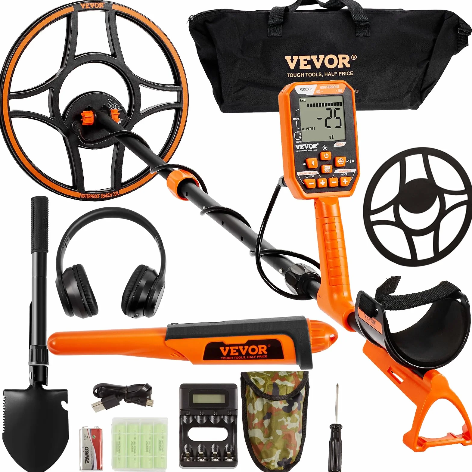 VEVOR Wykrywacz metali Cewka wyszukiwania 30,5 cm akumulator 99-127 cm wodoodporny ekran LCD IP68 7 trybów chip DSP słuchawki Bluetooth do poszukiwania złota poszukiwanie skarbów czarny/pomarańczowy