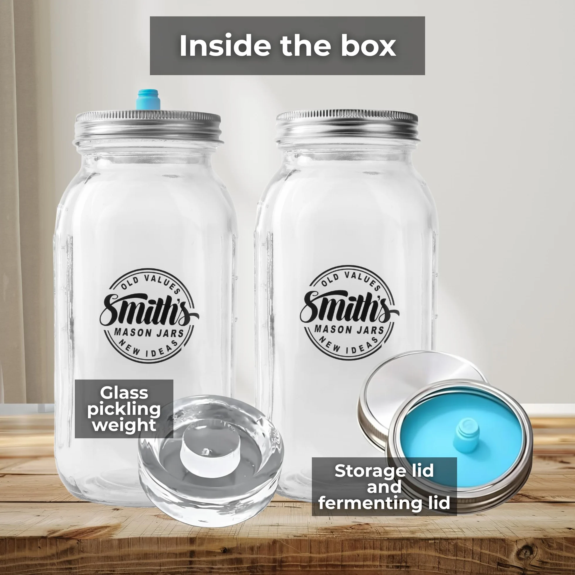 Smiths Mason Jars 2-pak fermentacyjnych słoików z przezroczystego szkła o pojemności 1 litra z pokrywkami, obciążnikami i dodatkowymi pokrywkami - idealne do przechowywania owsa, kimchi, pikli