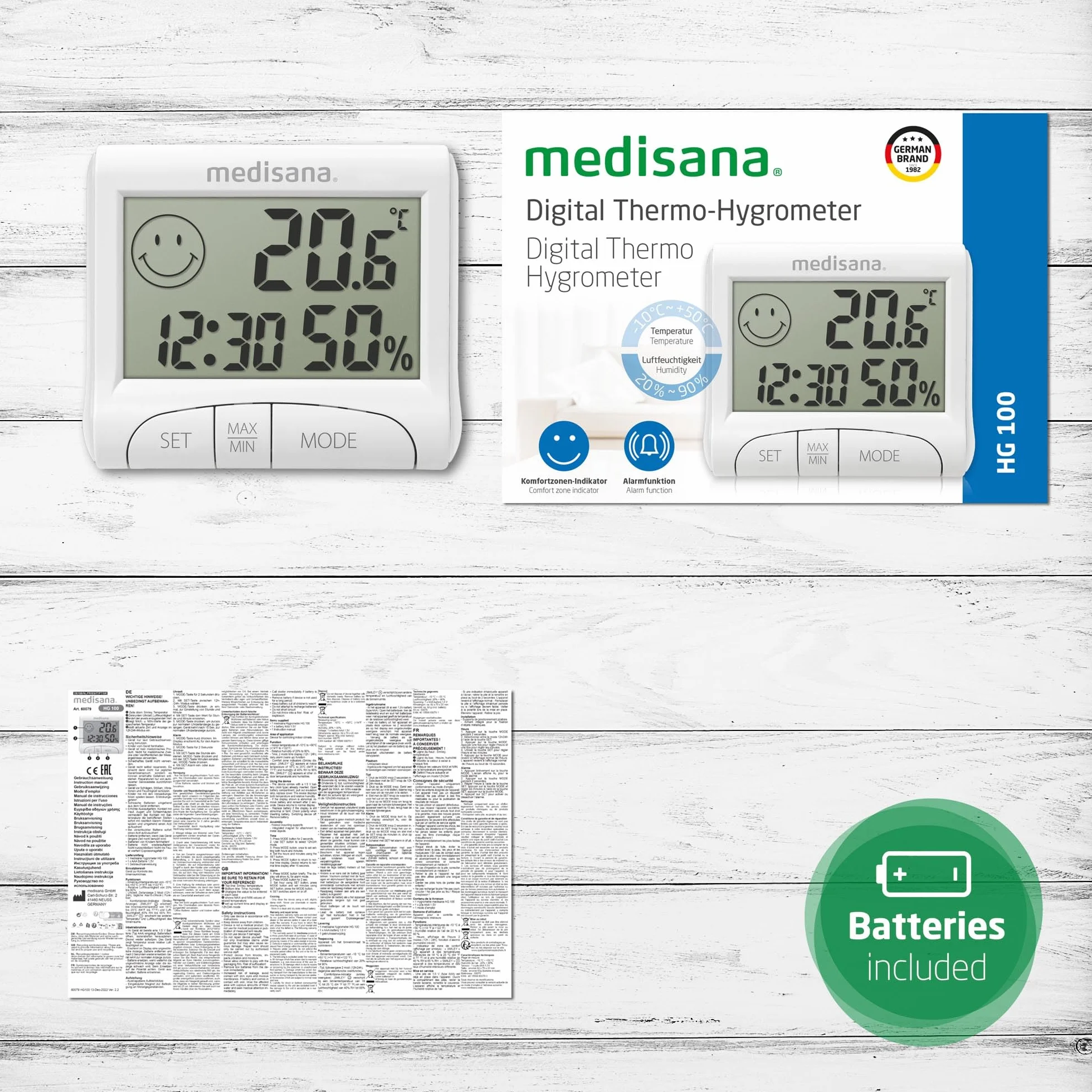 Medisana HG 100, cyfrowy higrometr do pomieszczeń, termometr z wilgotnością, temperaturą pomieszczenia, czasem, wskazaniem nawilżenia powietrza w pomieszczeniu