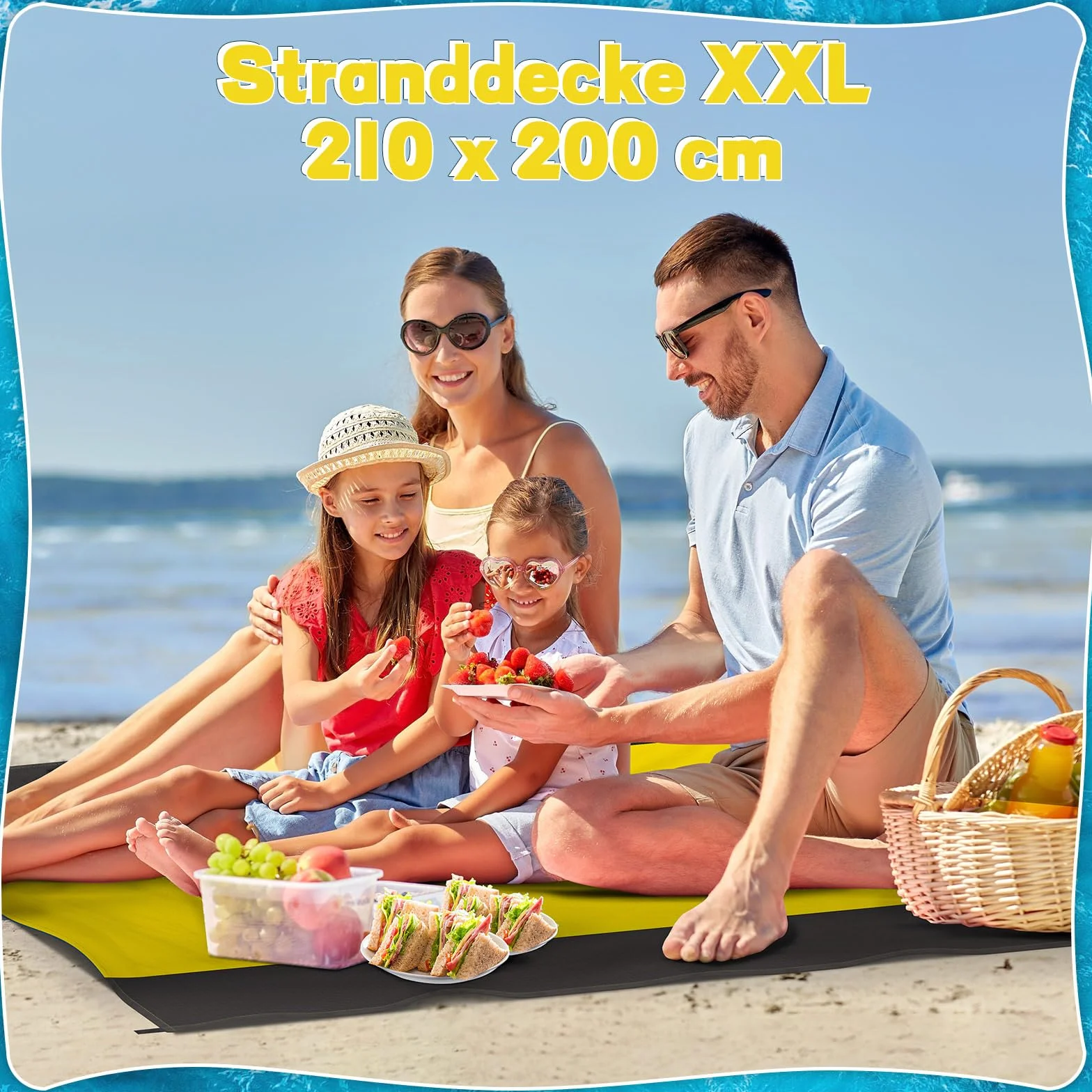 Koc plażowy nieprzepuszczający piasku XXL 210x200 cm - Nieprzepuszczająca i antypiaskowa mata plażowa na plażę, kemping, piknik lub podróże - Idealna na plażę, Lekka i wytrzymała