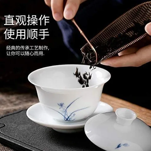Herbata herbaty， Miski, ręcznie malowana biała porcelana pokryta miską zestaw filiżanek do herbaty domowa miska pojedyncza ceramiczna na trzy talenty kung fu mała
