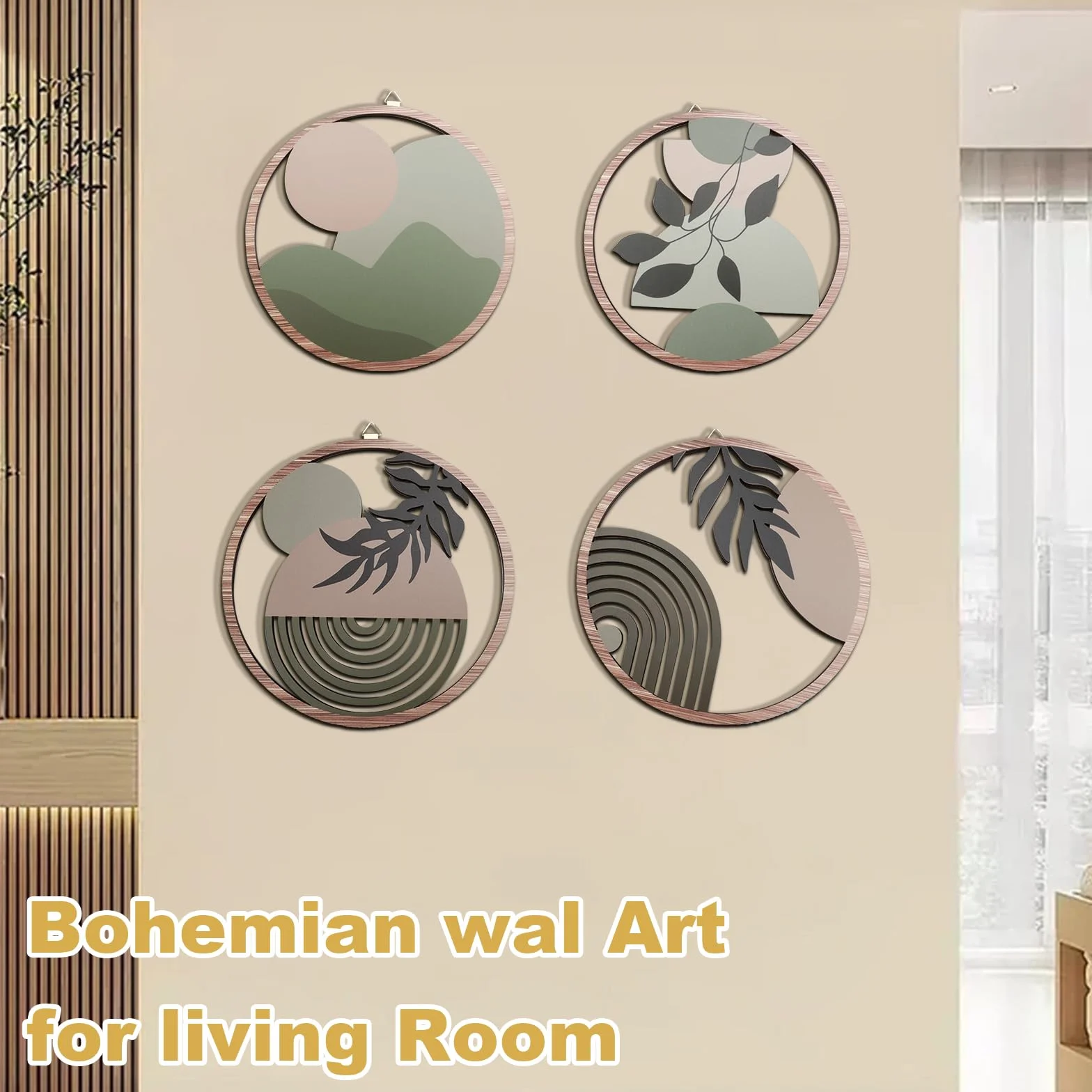 YunBey Zestaw 4 dekoracji parete w stylu boho, okrągła drewniana dekoracja botaniczna, dekoracja ścienna z nadrukiem w wysokiej rozdzielczości do salonu, sypialni, jadalni itp