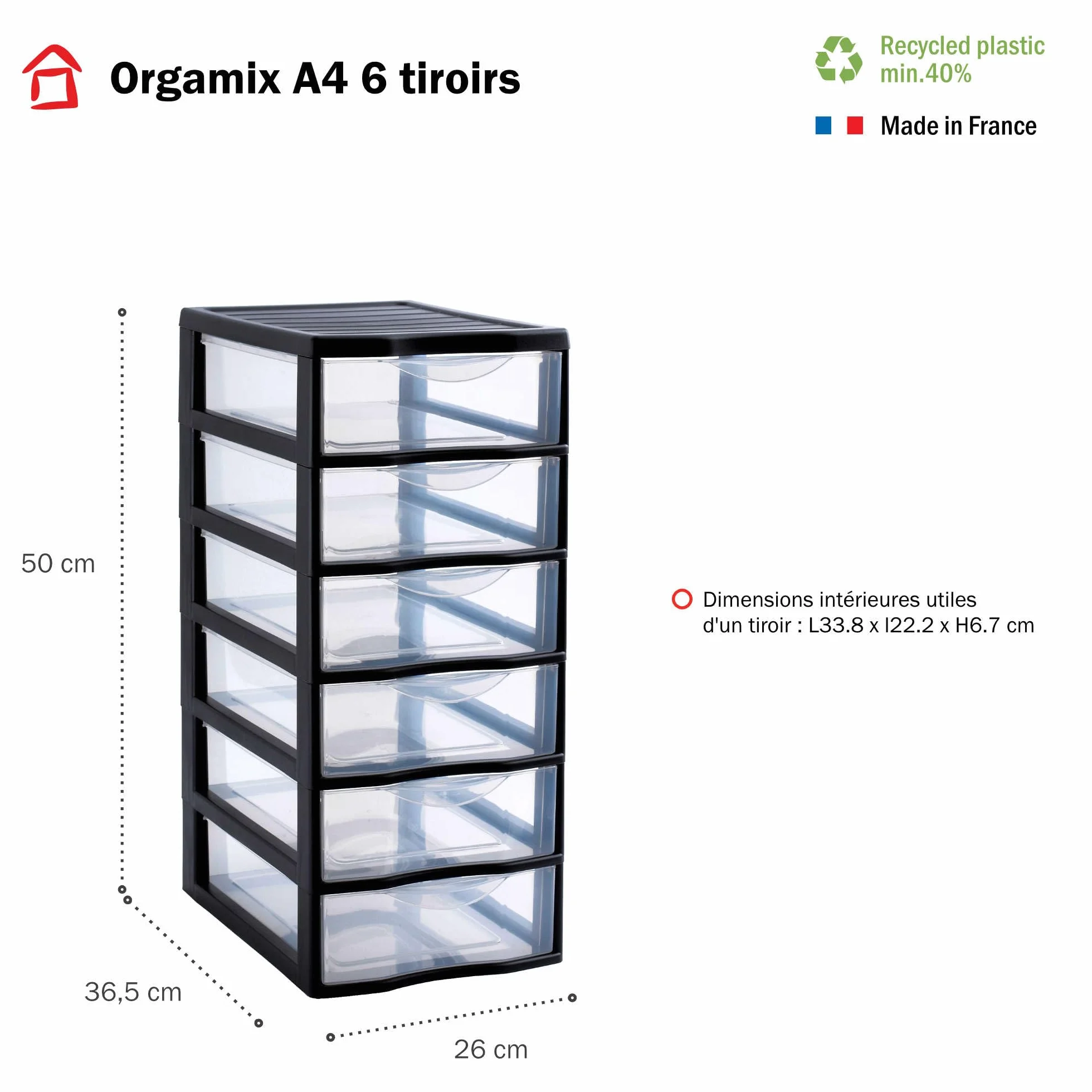 SUNDIS Orgamix, plastikowy komoda do przechowywania, 6 przezroczyste szuflady A4, wysokość 50 cm, możliwość sztaplowania, idealna do przechowywania biurowego, lekcji, dokumentów, materiałów