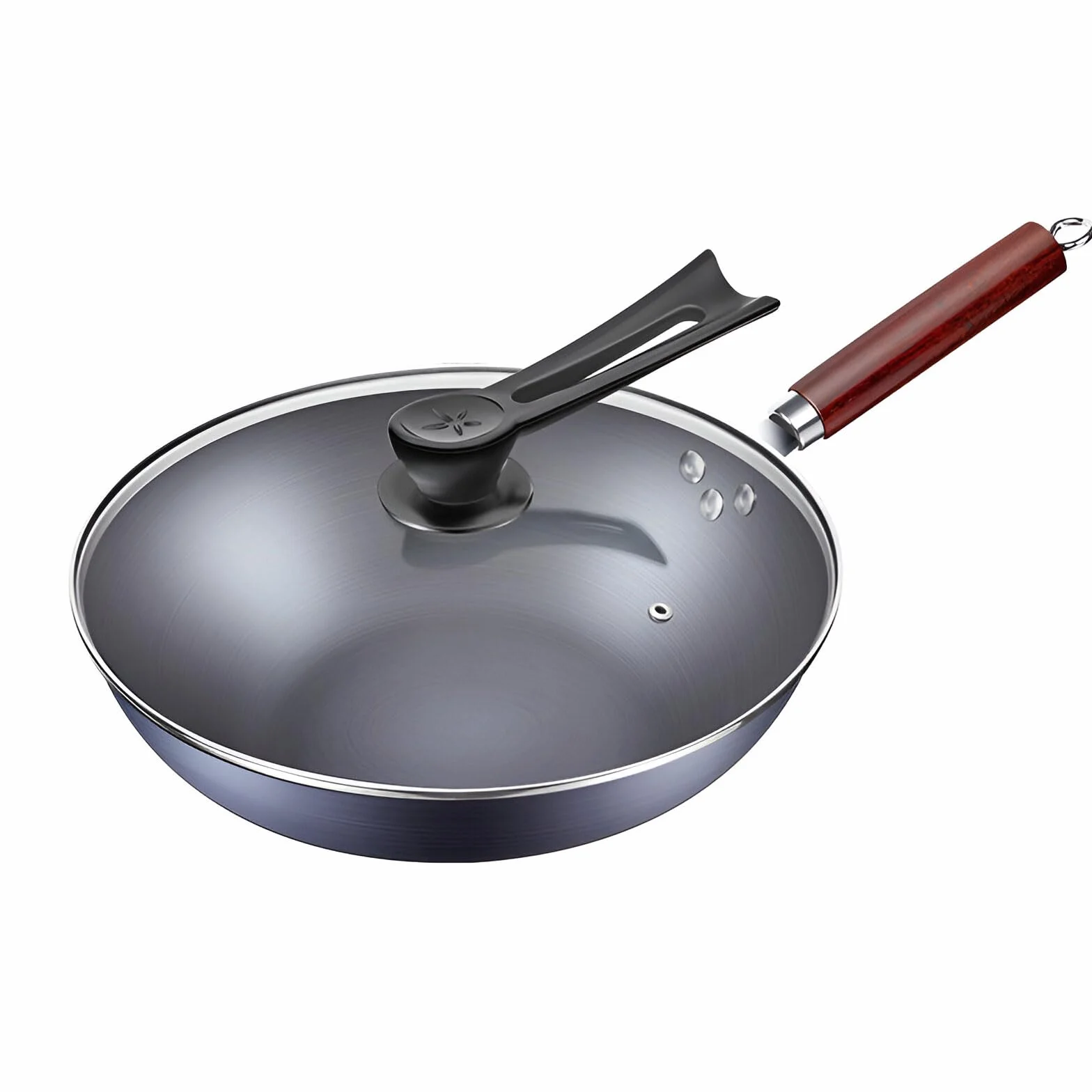 Wok żeliwny, nieprzywierająca patelnia z pokrywką i drewnianym uchwytem, idealna do gotowania indukcyjnego, elektrycznego, gazowego, naczyń kuchennych 32 cm