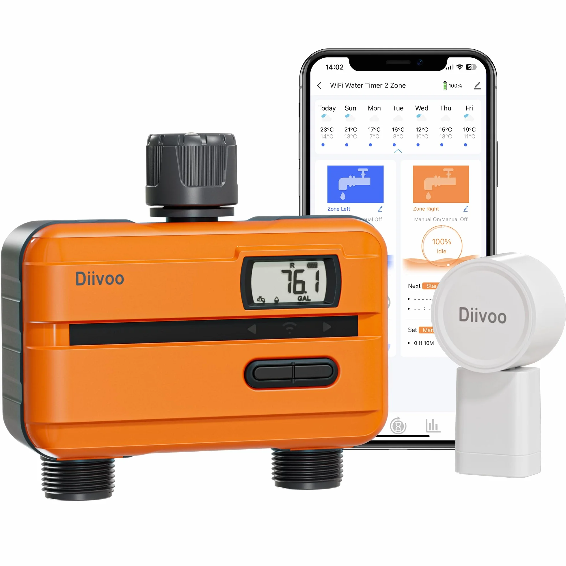 Diivoo 2-drożny timer nawadniania WiFi, miernik przepływu wody, inteligentny komputer nawadniający z aplikacją i 8 programami nawadniającymi, kontroler automatycznego nawadniania ogrodu