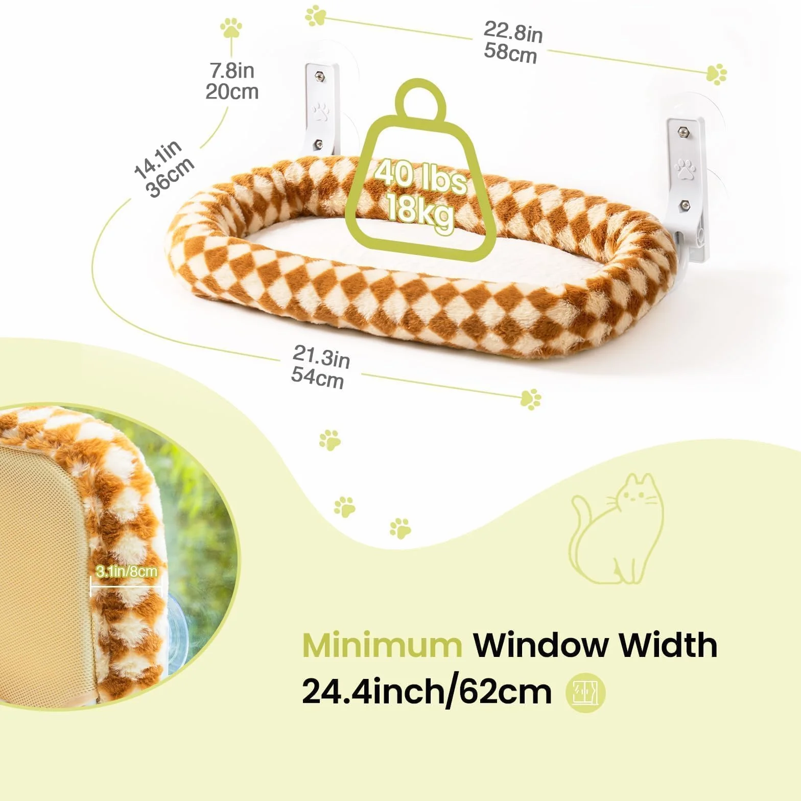 MEWOOFUN Duże Łóżko Hamakowe dla Kota Składane z Oknem 4 Mocne Przyssawki Nośność 18 kg Brązowe M