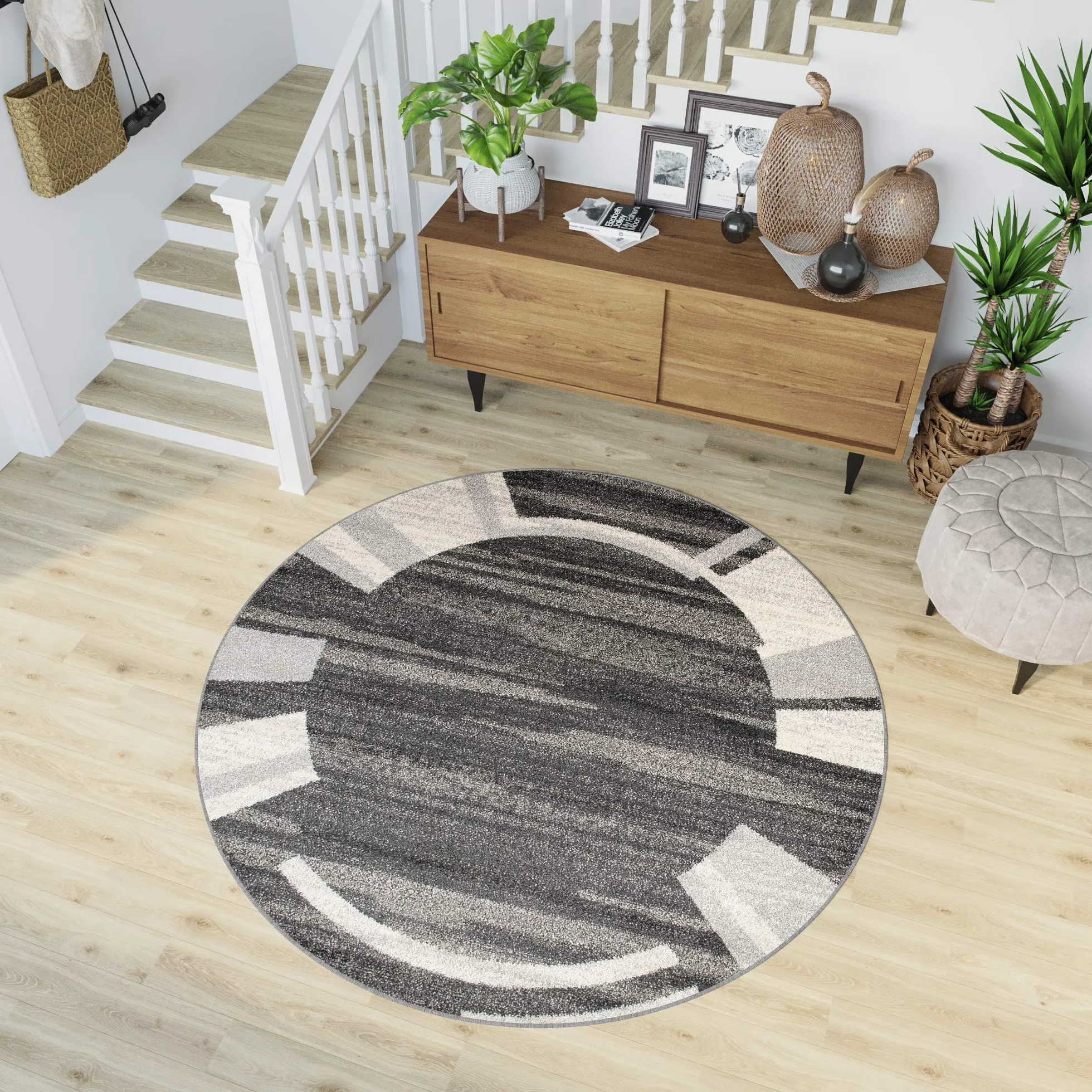 TAPISO Sari dywan okrągły, kremowy, ciemnoszary, nowoczesny, w paski, z obszyciem, melanż, do salonu, sypialni, Ökotex 150 x 150 cm