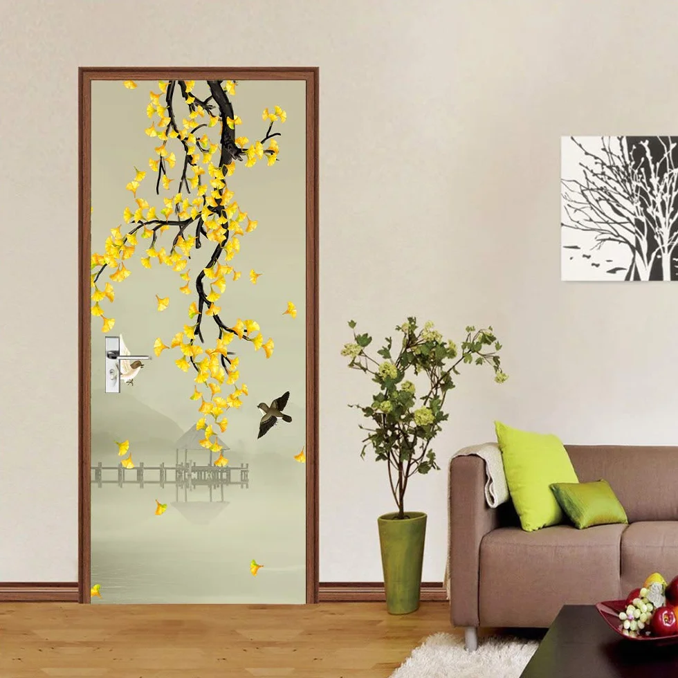 Tapeta na drzwi 3D, samoprzylepna, kwiaty, drzewa i ptaki, szer. 90 x wys. 200 cm, 3D, naklejka na drzwi, fototapeta, PCW, obraz na drzwi, winyl, wodoszczelna, usuwalna, naklejka na ścianę, dekoracja