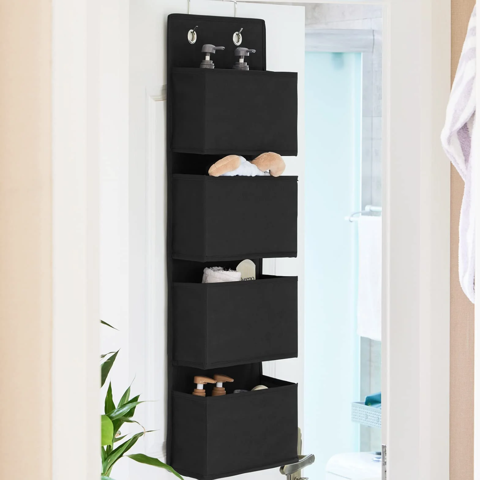 YOUDENOVA Wiszący organizer na drzwi, organizer wiszący z 4 kieszeniami i 2 metalowymi haczykami, regał wiszący, stabilny organizer na ubrania, do łazienki, sypialni, pokoju dziecięcego, czarny