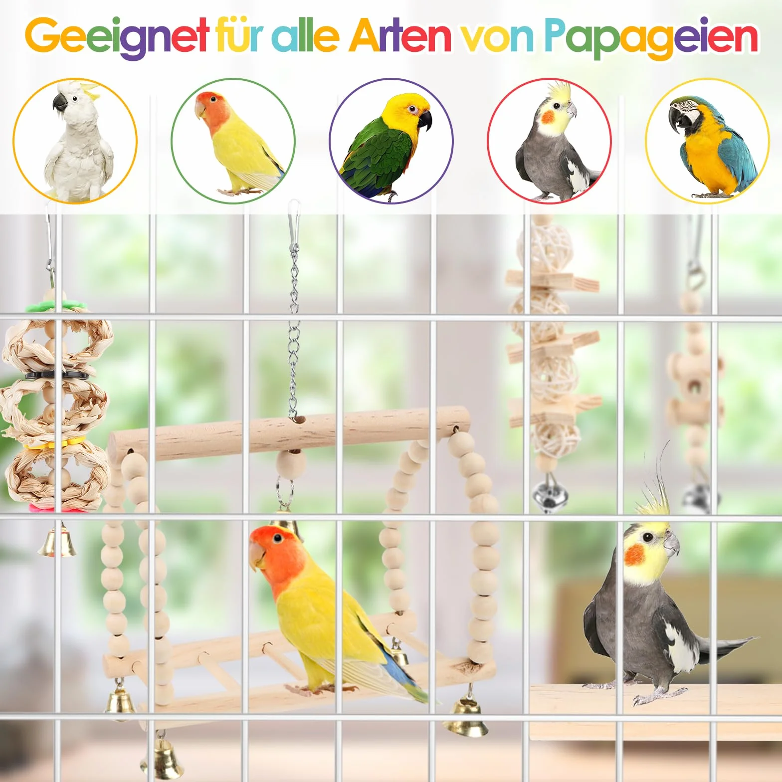 Drewniane zabawki dla papużek falistych, 8 sztuk z naturalnego drewna Lovebird wisząca huśtawka zabawka z dzwoneczkami dla wszystkich papug i ptaków